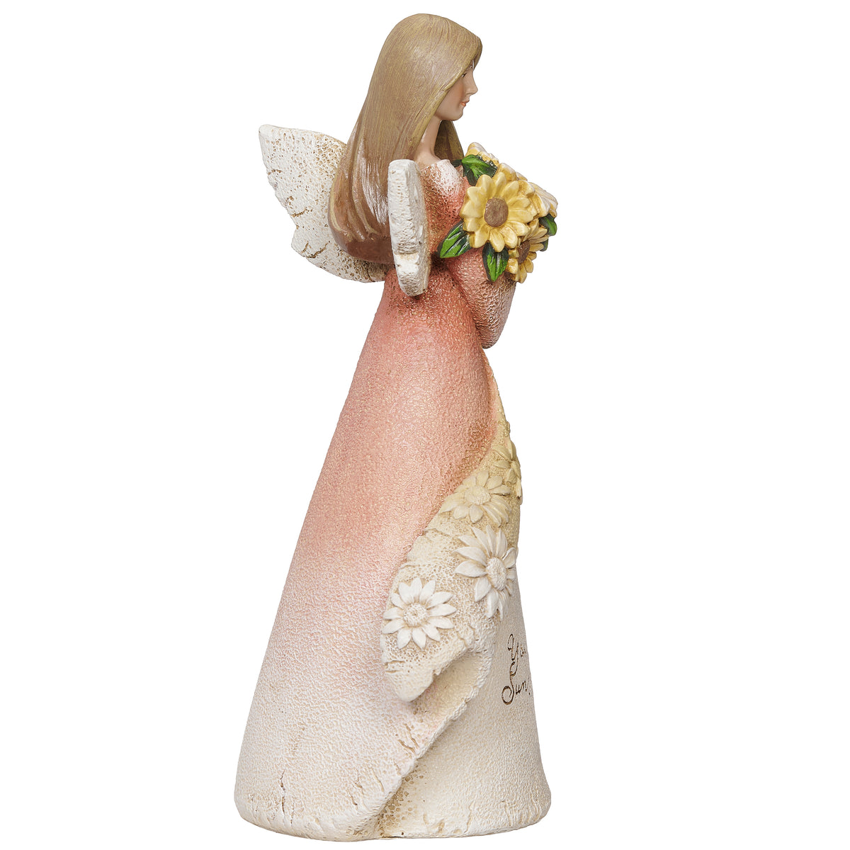 Opposite side view of You Are My Sunshine Angel showing the layered gown, wings, and graceful standing pose