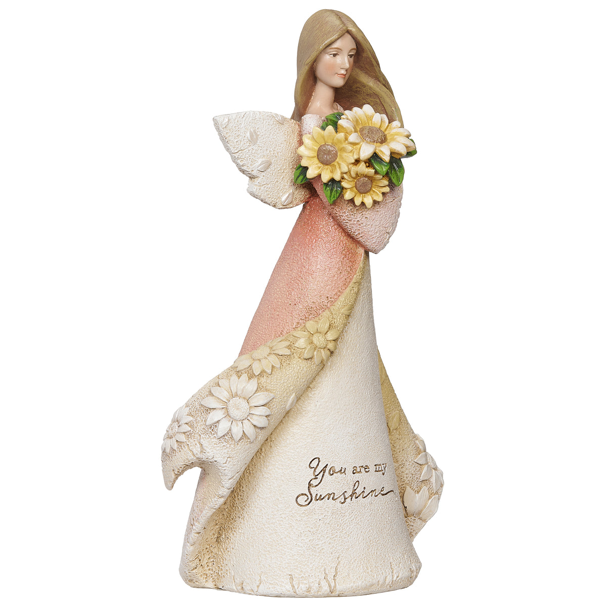 Rear angled view of You Are My Sunshine Angel showing the sunflower bouquet, pink gown, and wing details