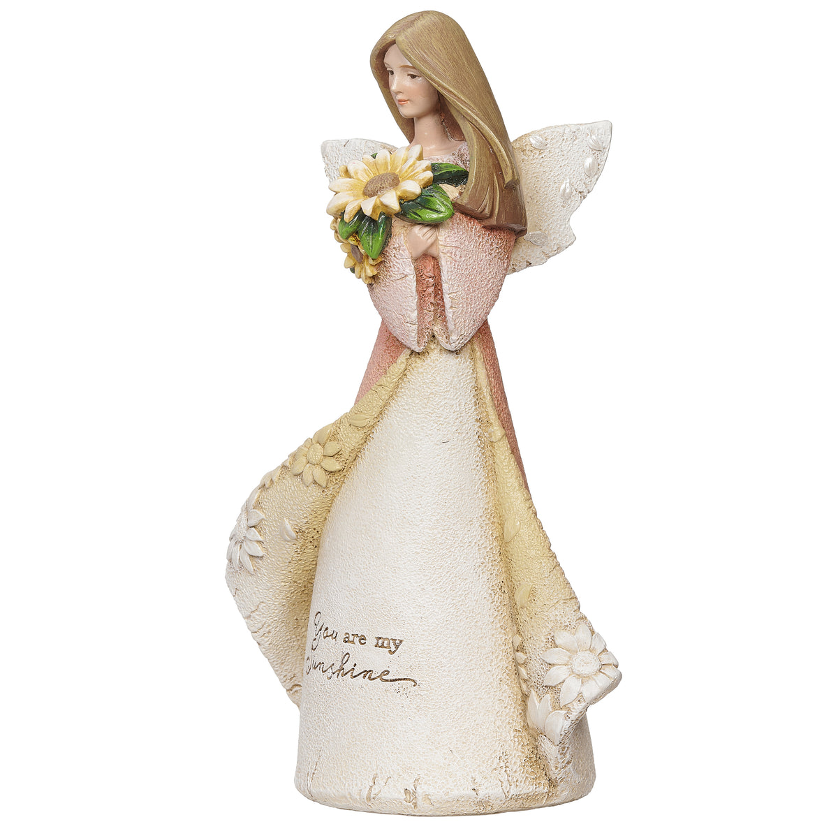 Front angled view of You Are My Sunshine Angel showing the sunflower bouquet, pink and ivory gown, and sculpted wings