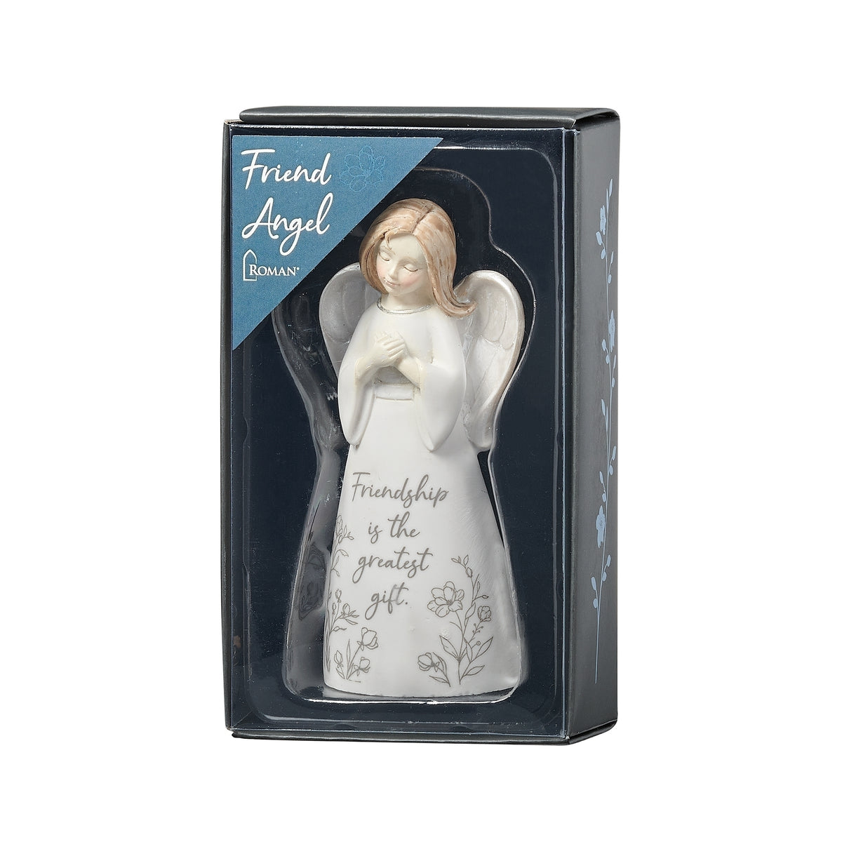 Friendship Is the Greatest Gift angel displayed in a dark blue window gift box.