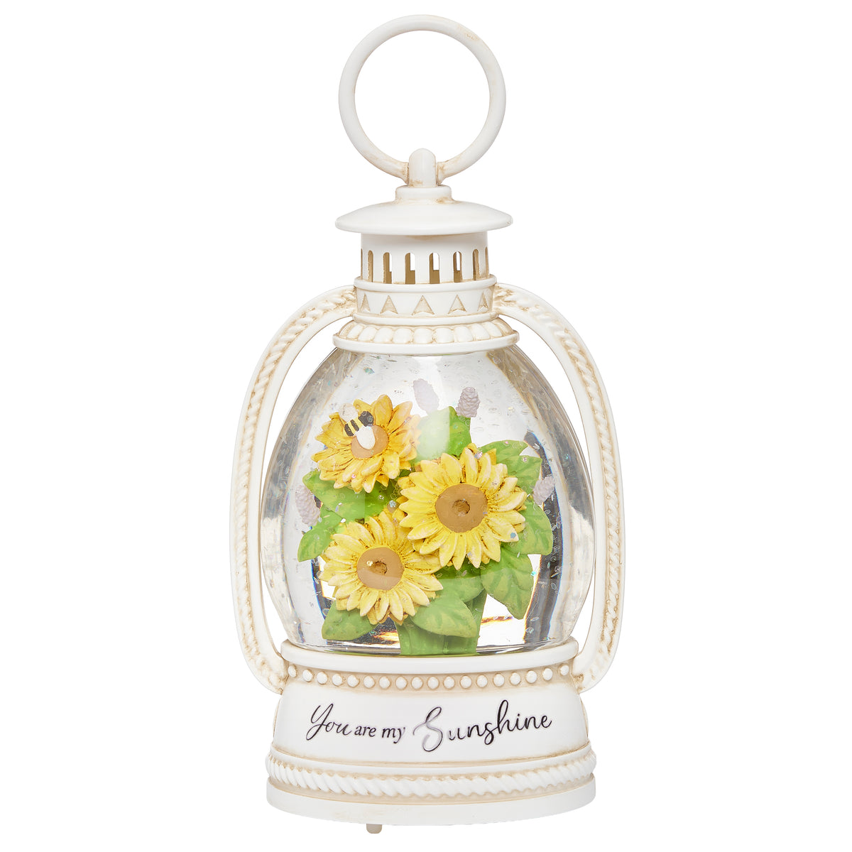 Lighted You Are My Sunshine Shimmer Lantern with white frame, yellow sunflower design, green leaves, and "You are my Sunshine" message
