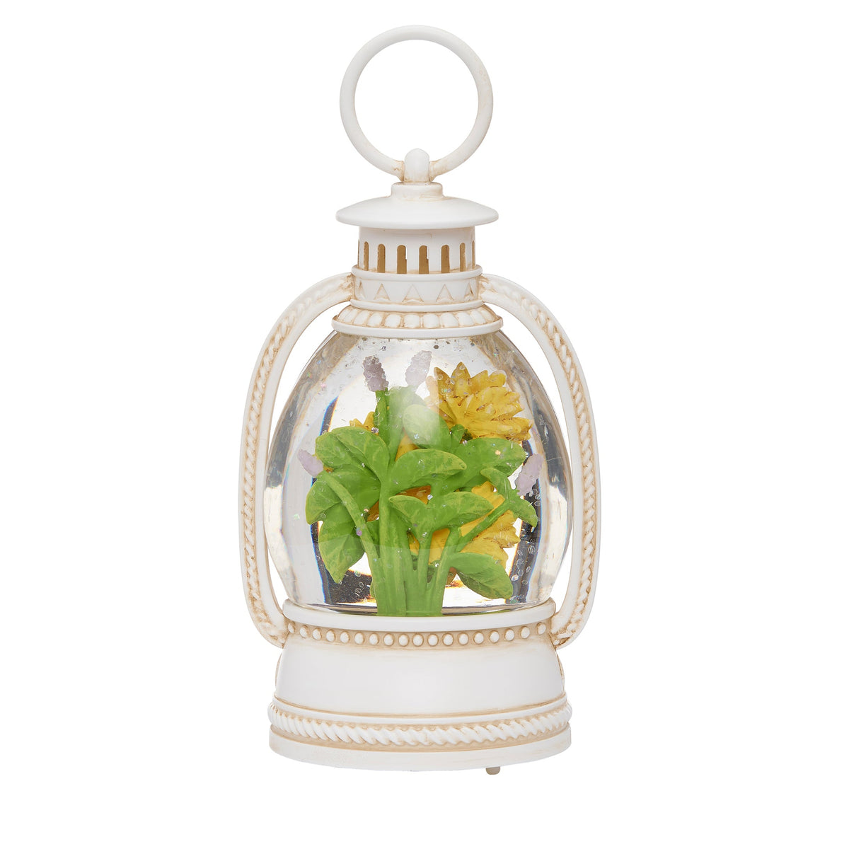 Front angled view of You Are My Sunshine Shimmer Lantern showing the sunflower arrangement, white lantern frame, and round top handle