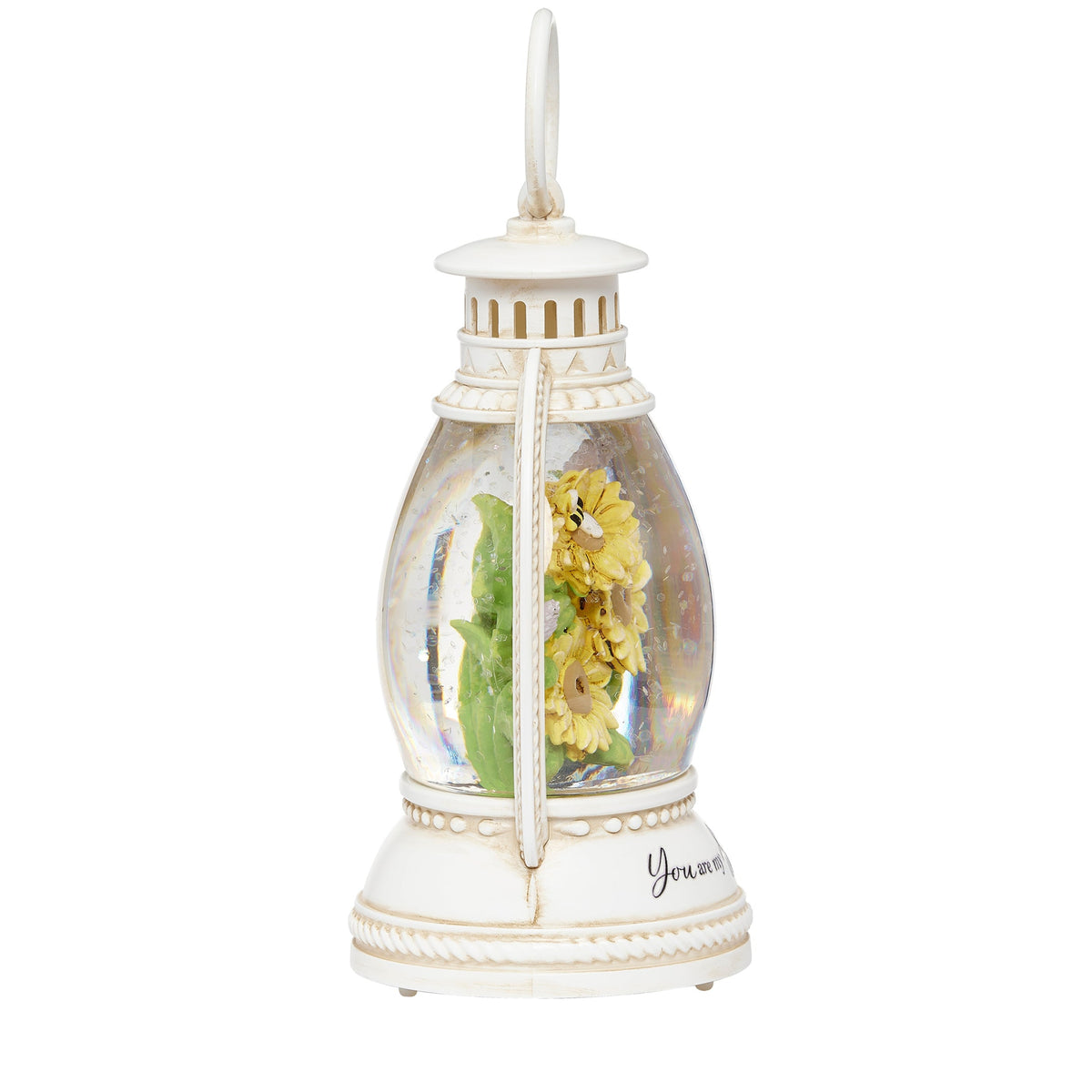 Alternate side view of You Are My Sunshine Shimmer Lantern showing the floral artwork through the clear panel