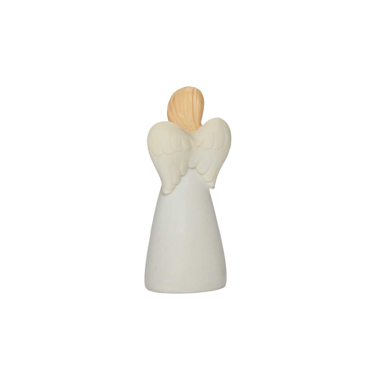 Back view of "Be Still" Angel Figure showing the smooth white gown and sculpted cream wings