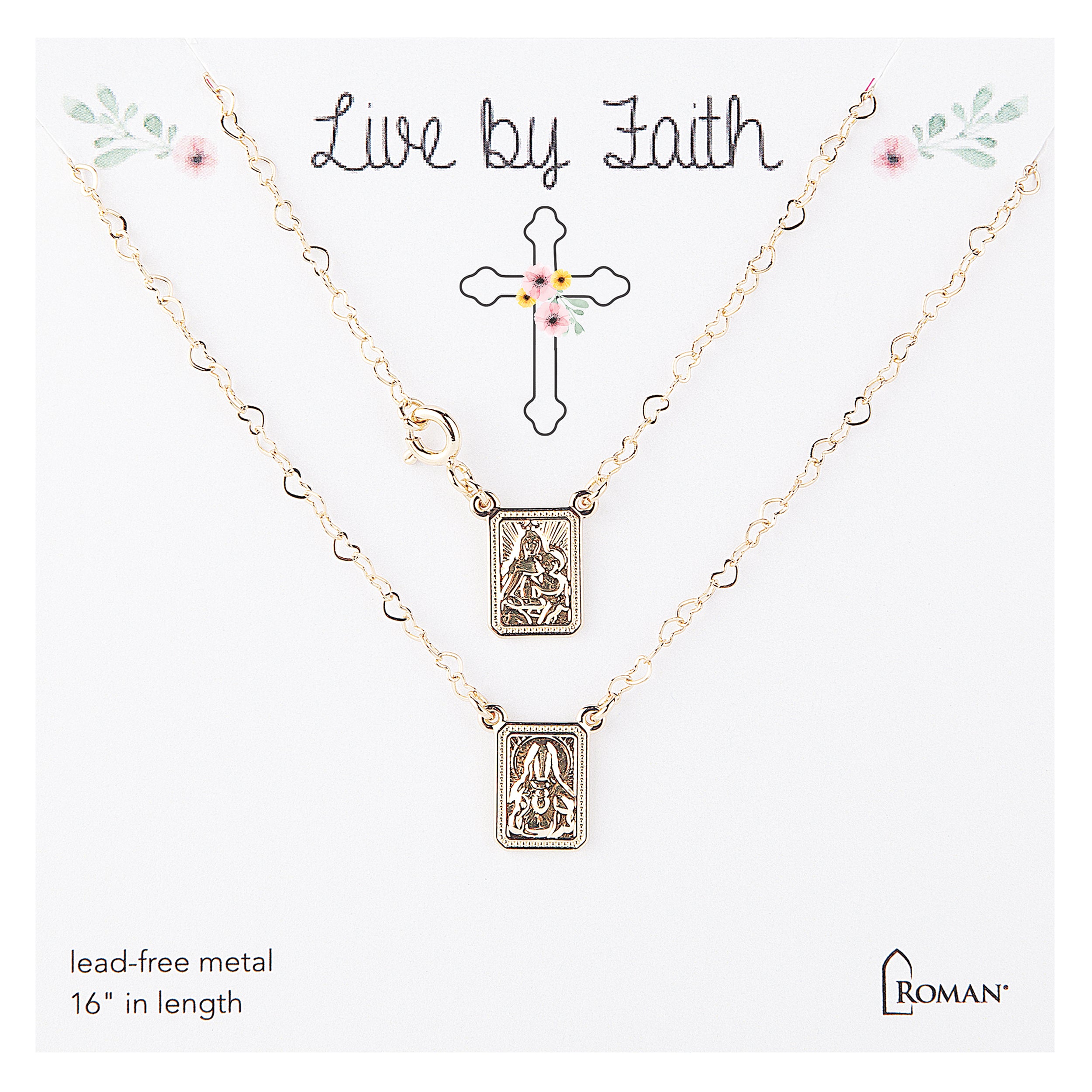Necklace with religious pendants on a white background with 'Live by Faith' text.
