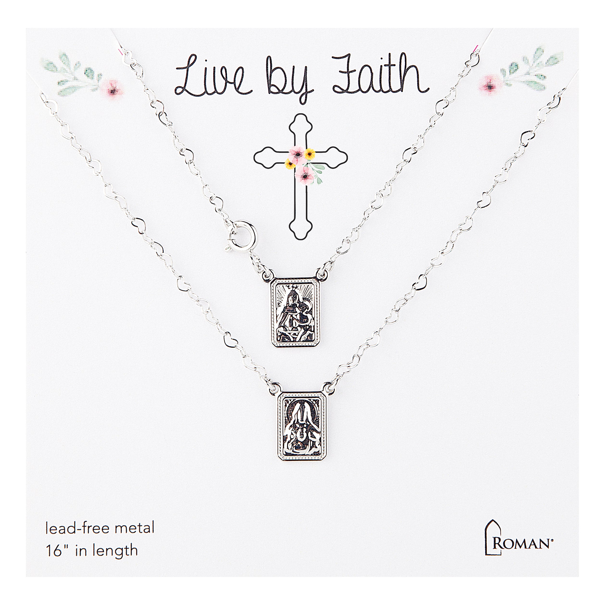 Necklace with religious pendants on a white background with 'Live by Faith' text.