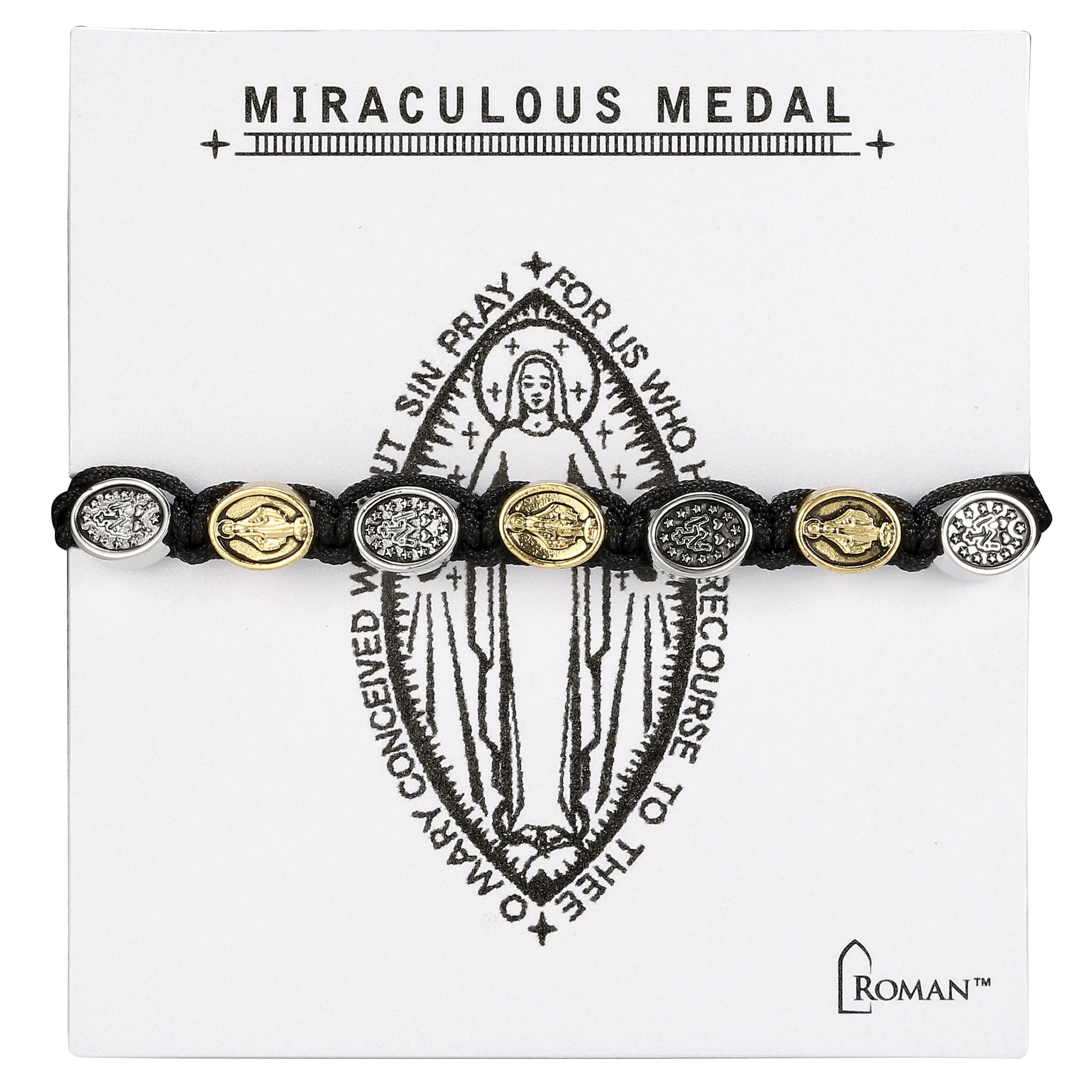 Miraculous Medal Cord Bracelet with Two Tone Oval Medals