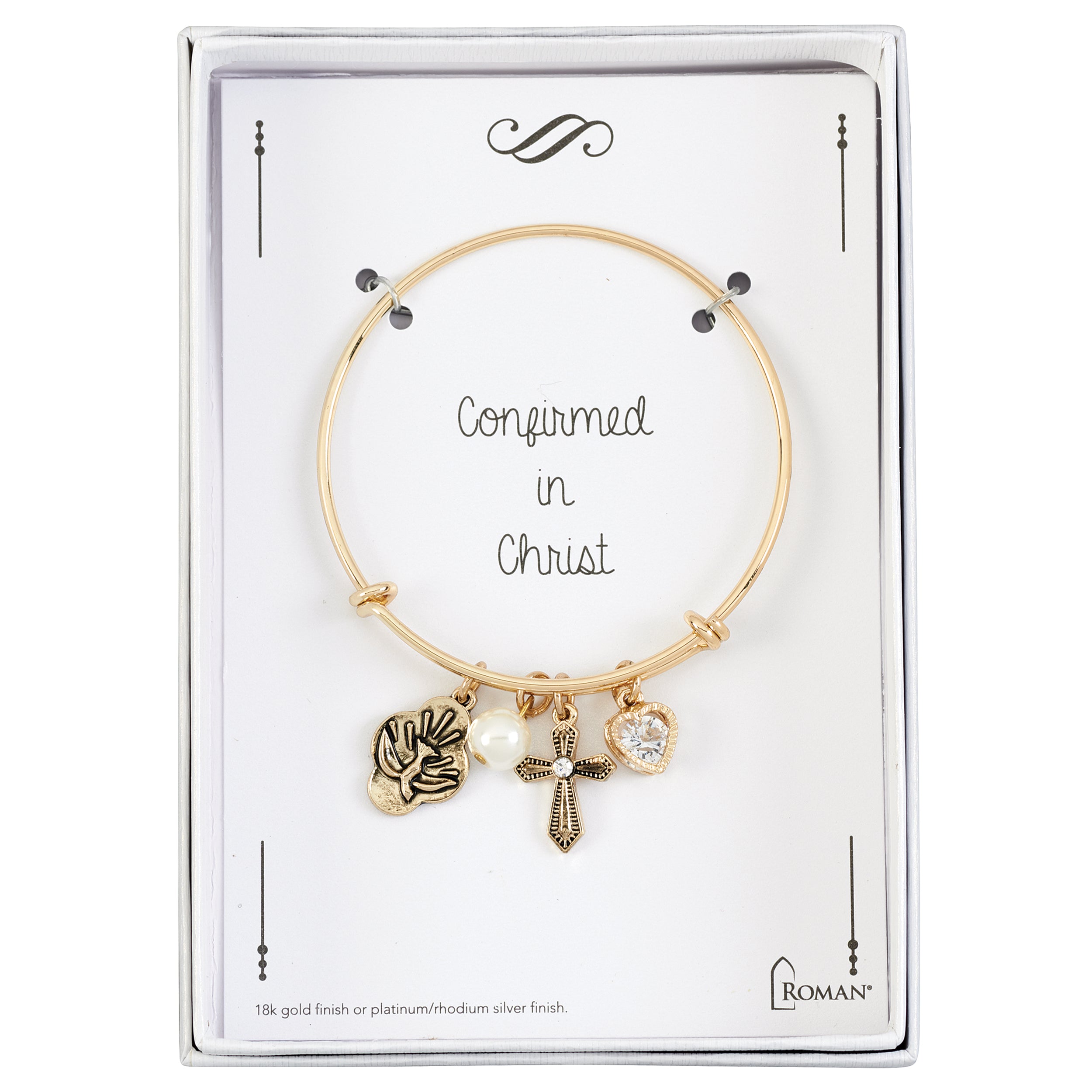 Girls Confirmation Charm Bangle Bracelet with Dove & Cross