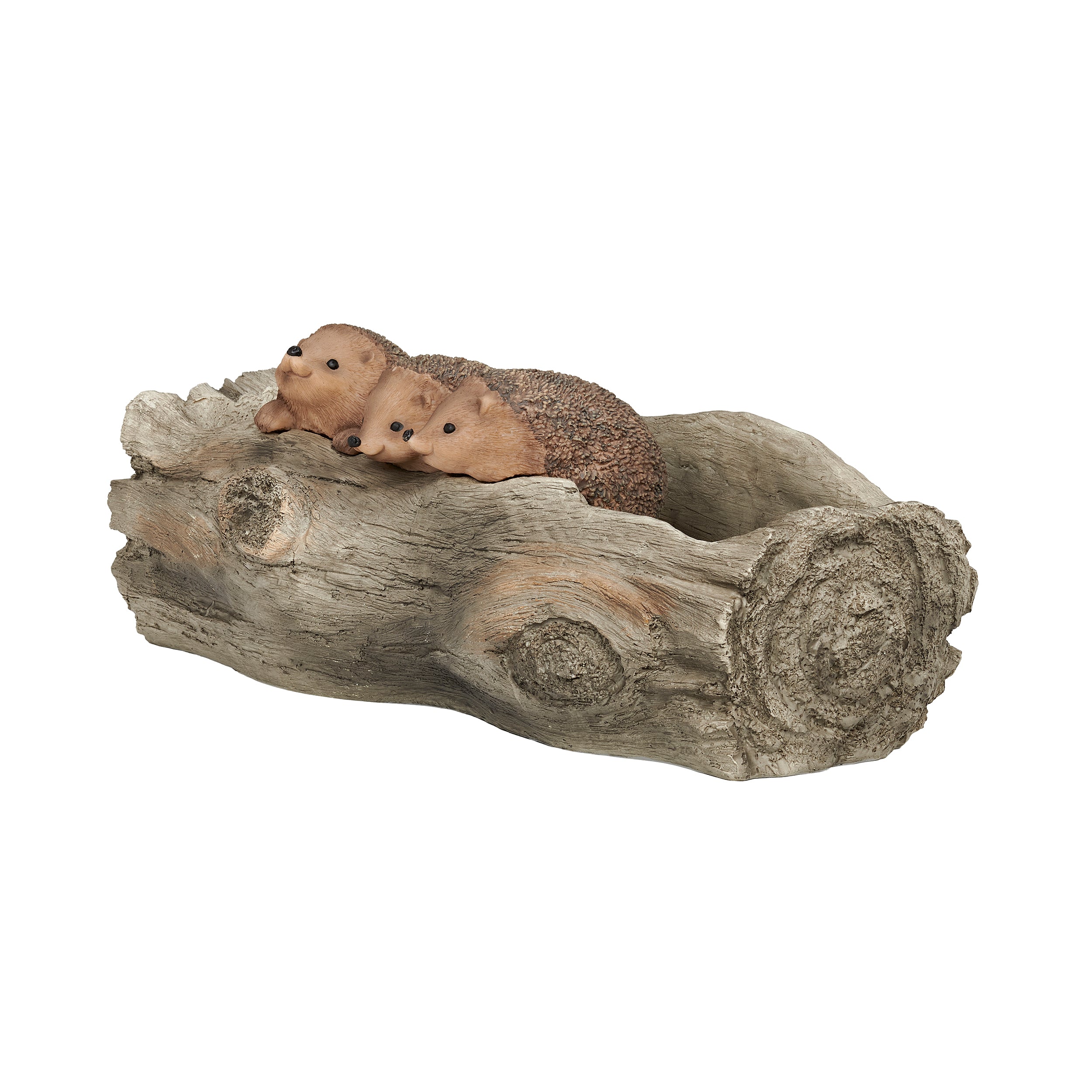 Three small hedgehog figurines in a wooden planter