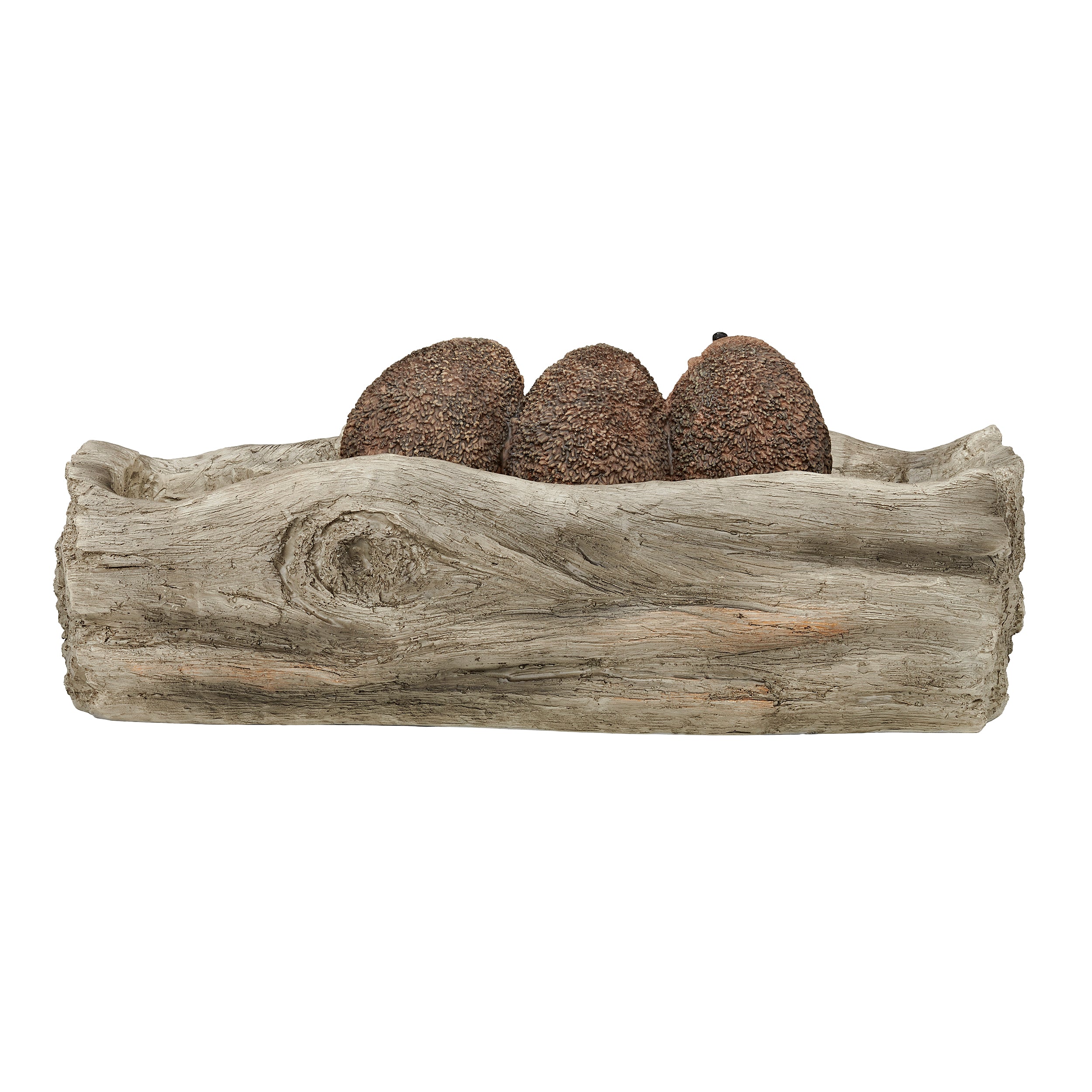 Three small hedgehog figurines in a wooden planter