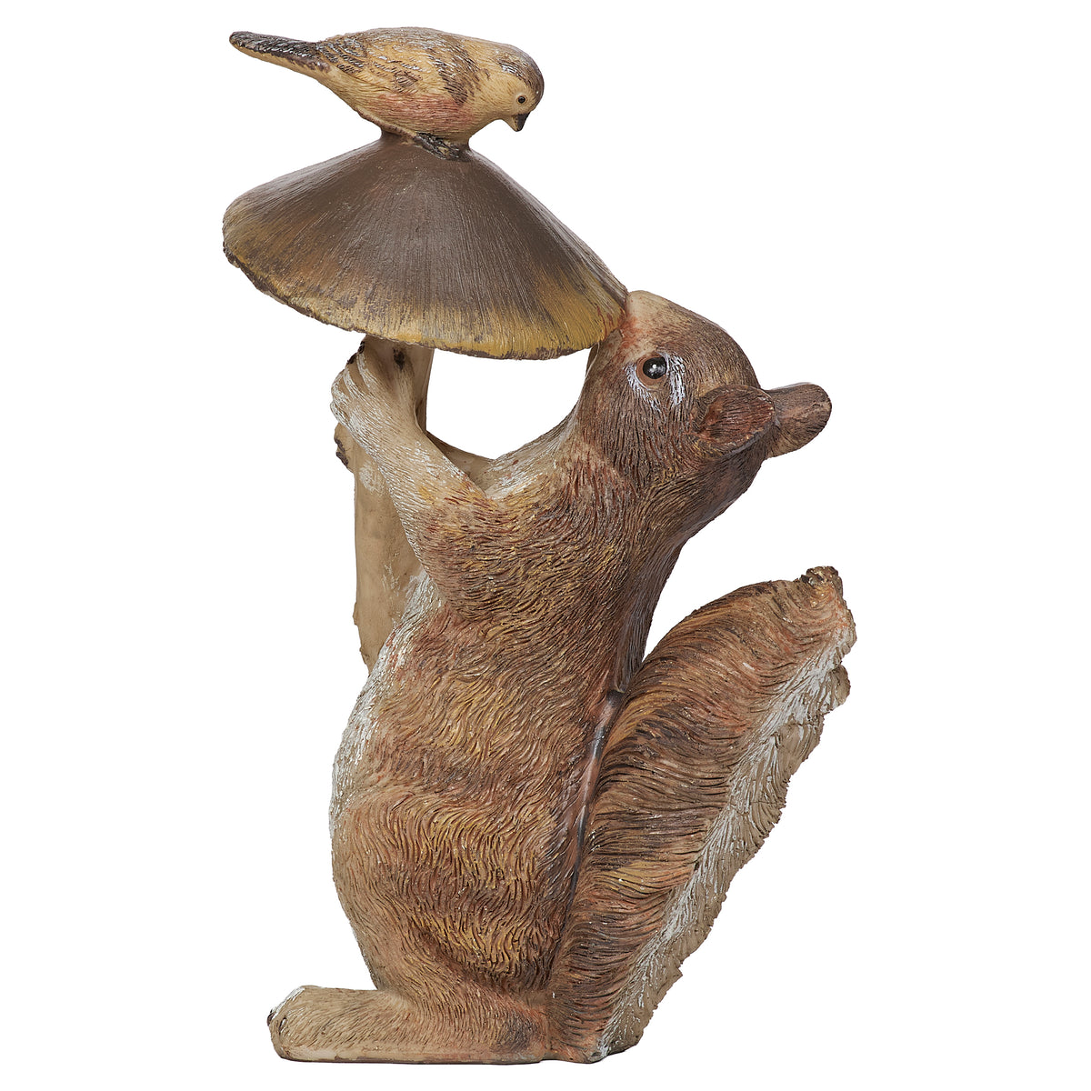 Front angled view of Squirrel with Mushroom & Bird Garden Statue showing the squirrel, textured mushroom, and small bird detail