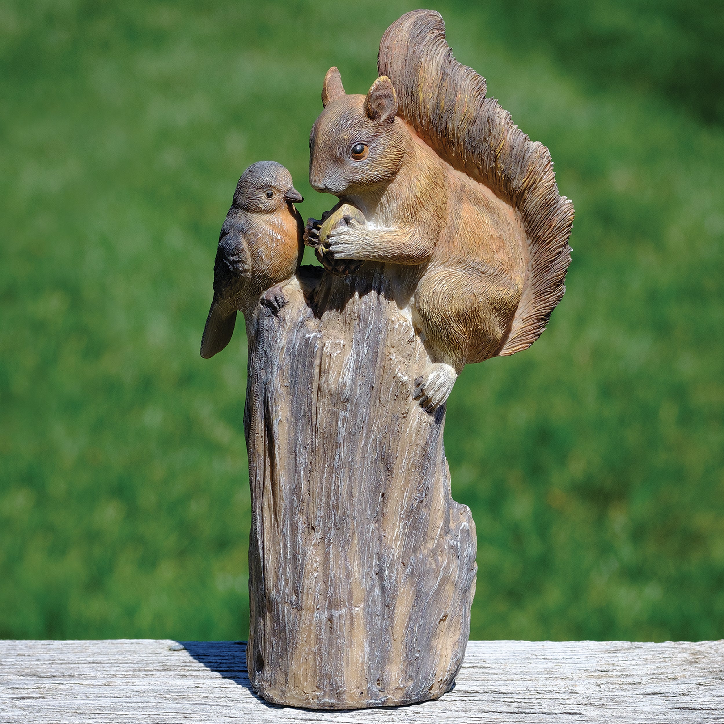 Squirrel & Bird on Tree Stump Garden Statue