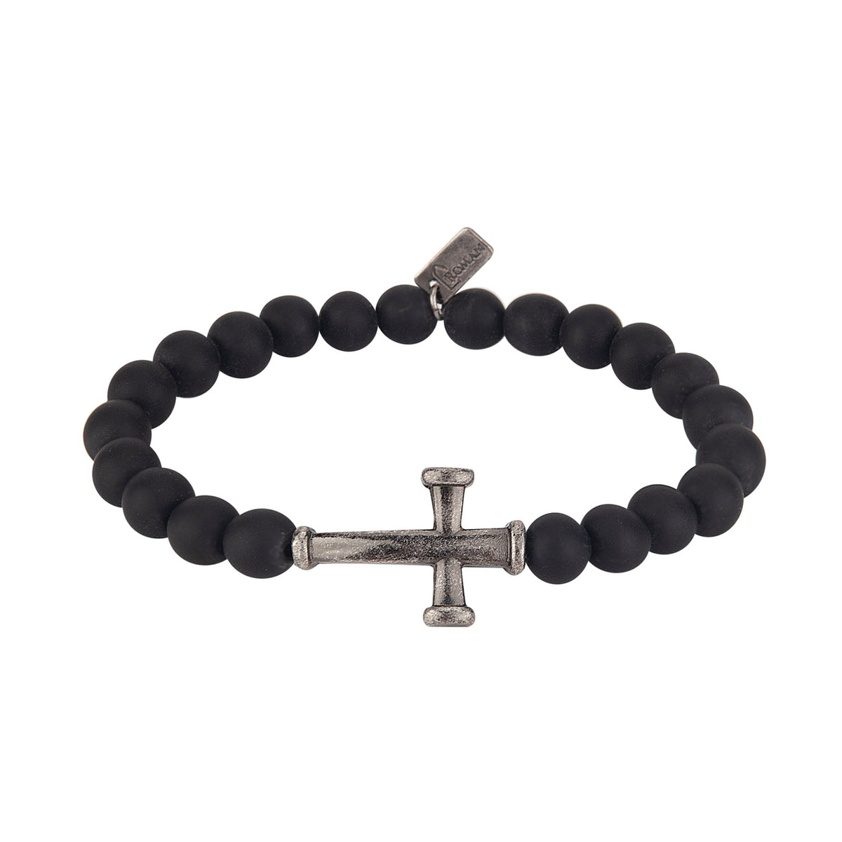 Black beaded stretch bracelet with silver-tone nail cross centerpiece and small butterfly tag