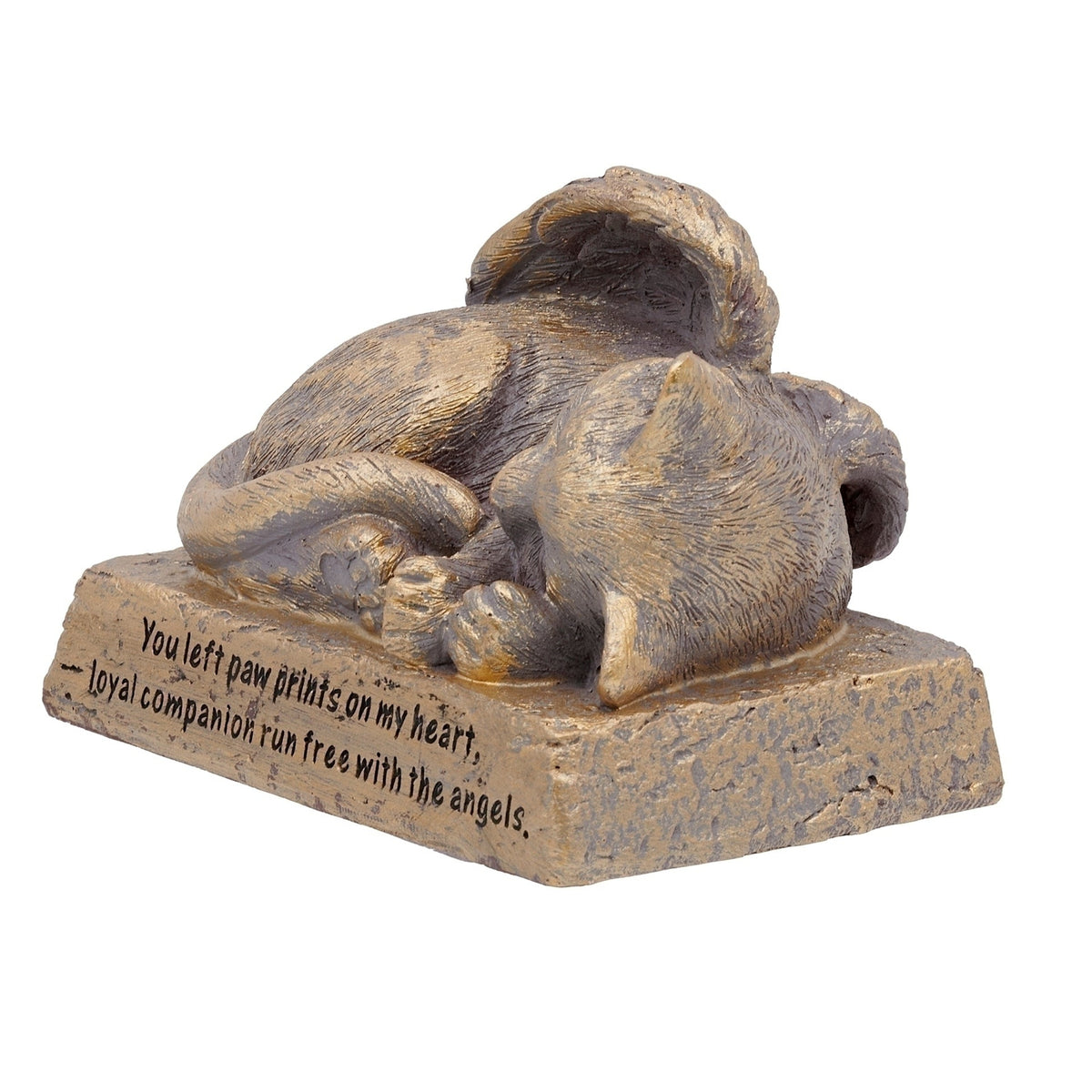 Top angled view of Cat with Wings Memorial Garden Statue showing the curled cat and sculpted angel wings