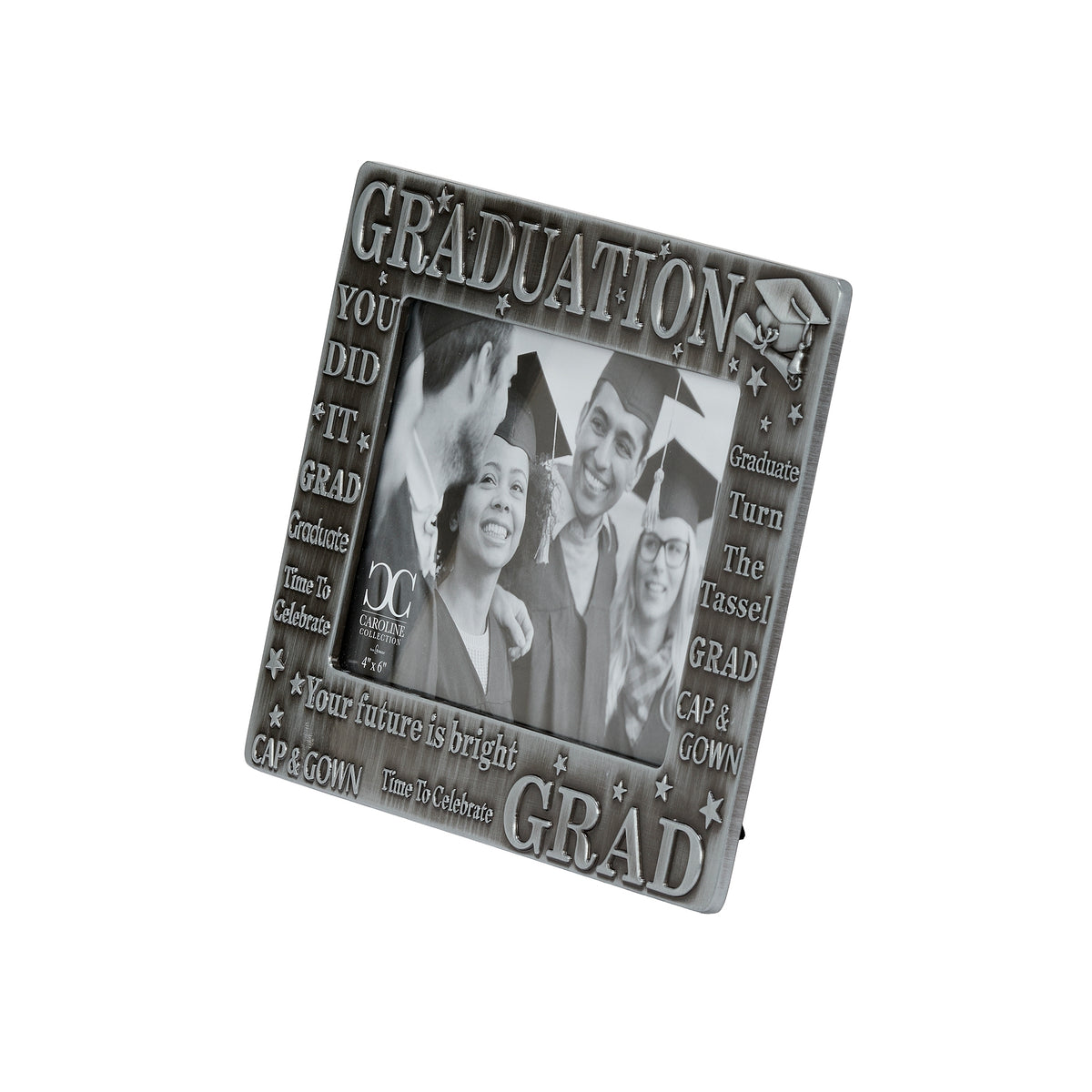 Angled front view of graduation frame showing embossed lettering and a cap-and-diploma accent.