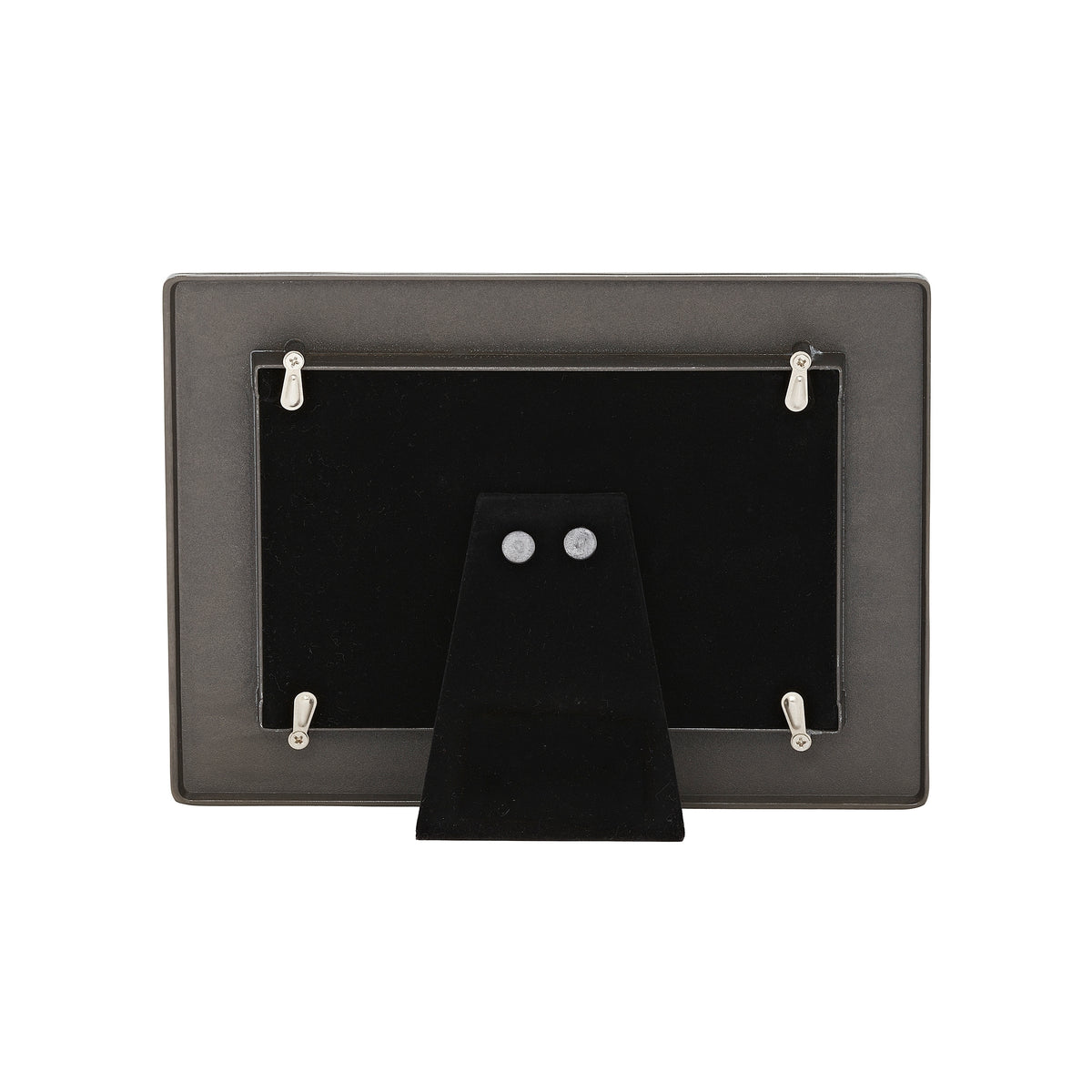 Rear view of graduation picture frame showing the black backing, retaining tabs, and fold-out stand.