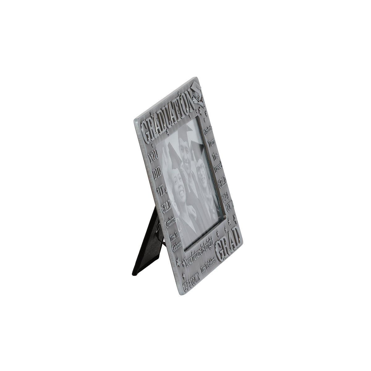 Side view of graduation frame showing its slim profile and extended black easel support.