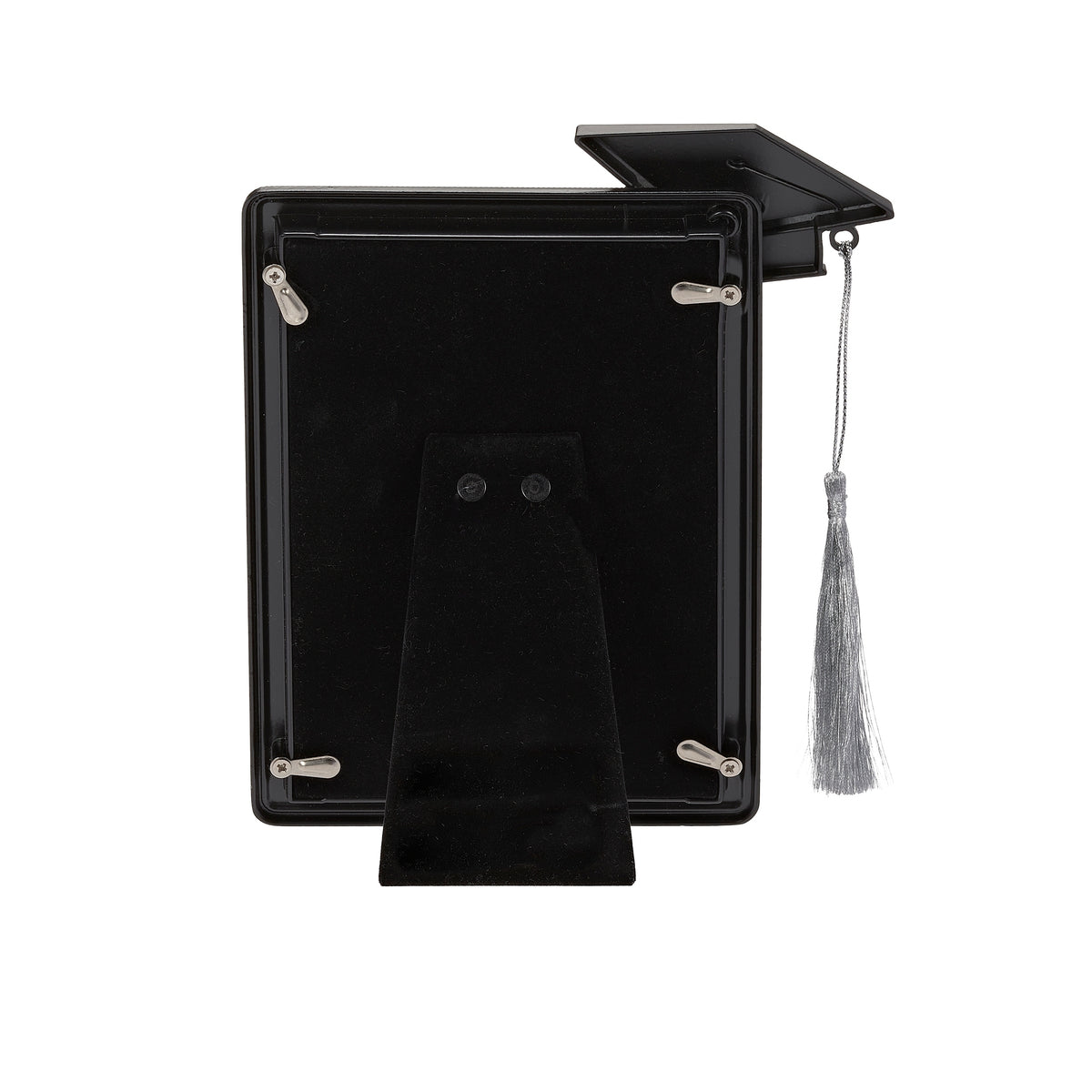 Rear view of graduation frame showing the black backing, retaining tabs, and fold-out stand.