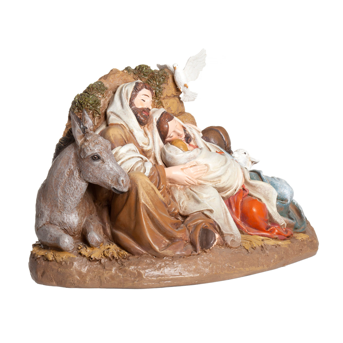 Opposite angled view of Joseph's Studio Restful Holy Family Figure highlighting the Holy Family resting together with the sculpted animals and earth-tone details