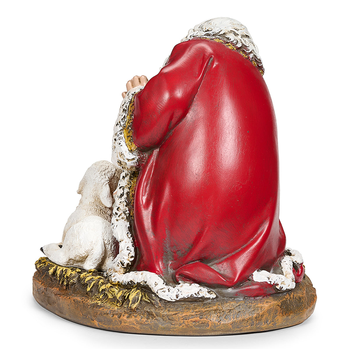 Back view of Joseph's Studio Kneeling Santa Figure showing Santa's flowing red robe and white fur trim
