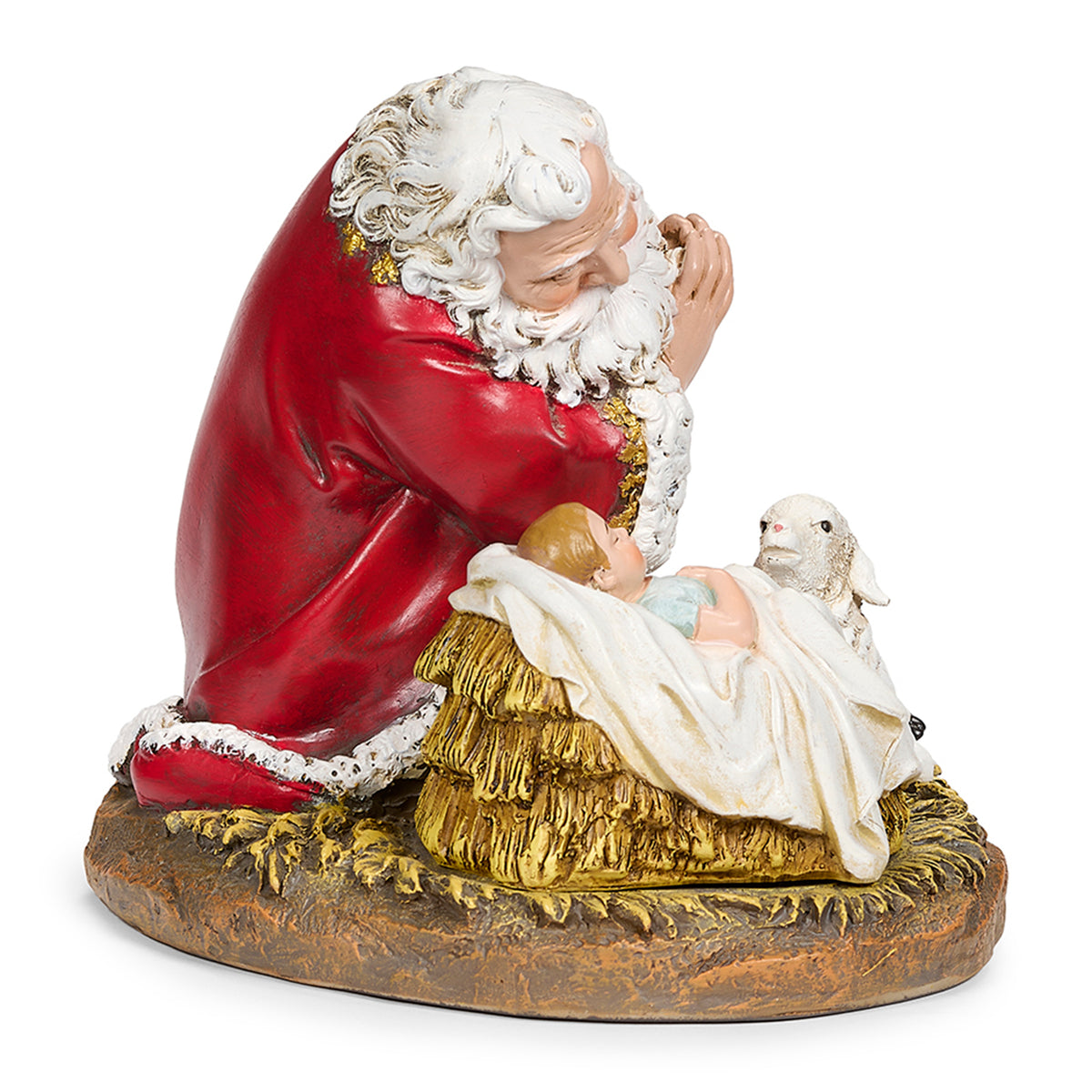 Opposite side view of Joseph's Studio Kneeling Santa Figure showing Santa kneeling beside baby Jesus with hands clasped in prayer