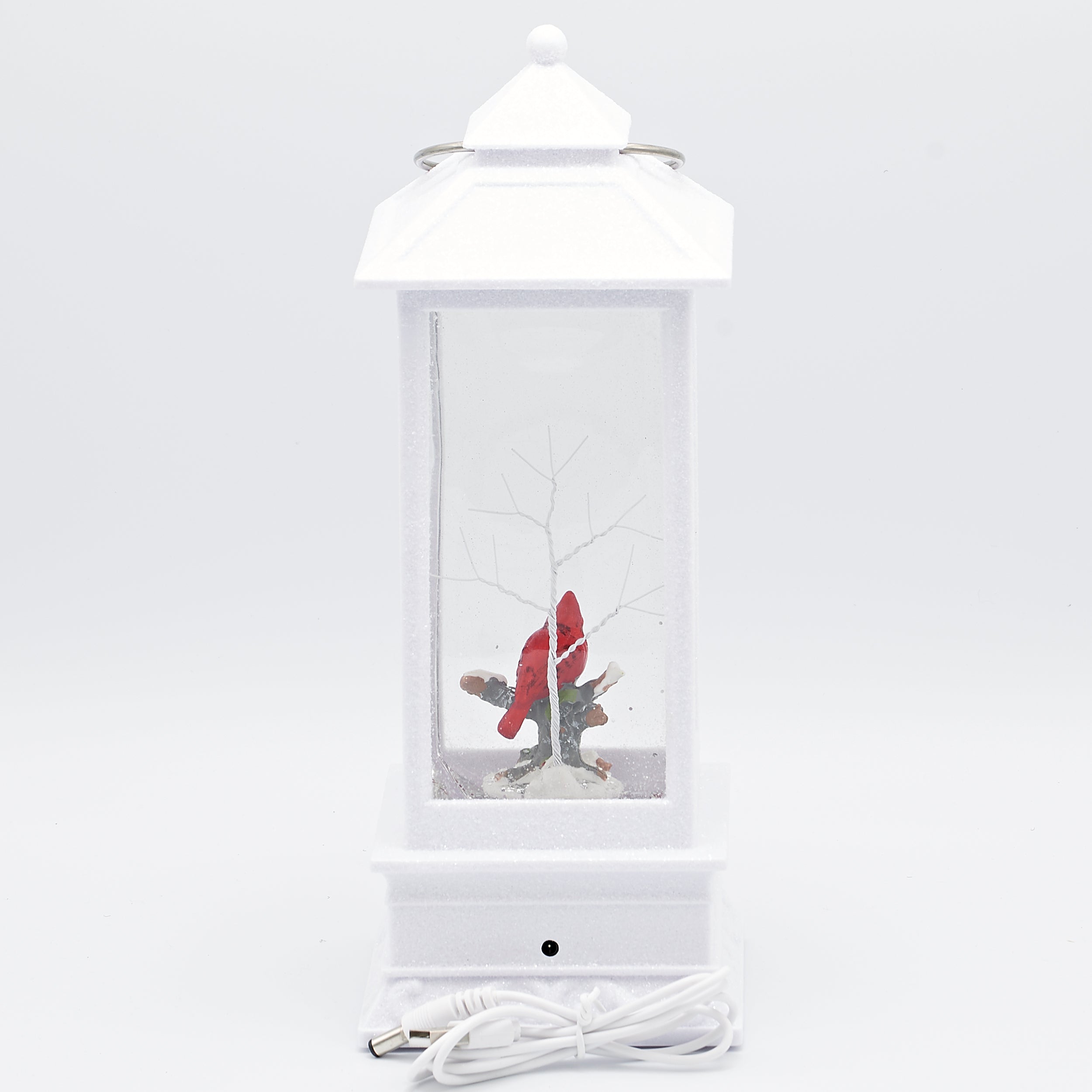 Confetti Lites Lighted Swirl White Lantern with a Cardinal on Branch