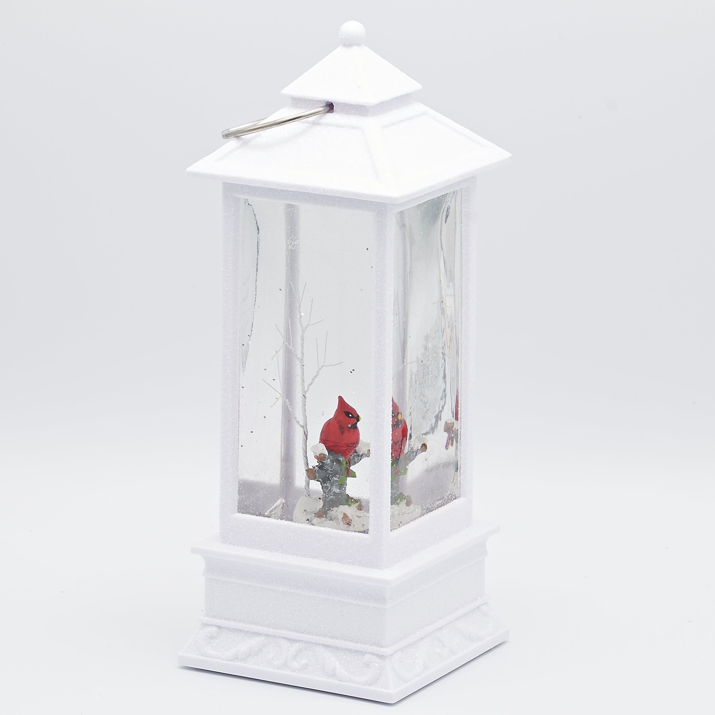 Confetti Lites Lighted Swirl White Lantern with a Cardinal on Branch