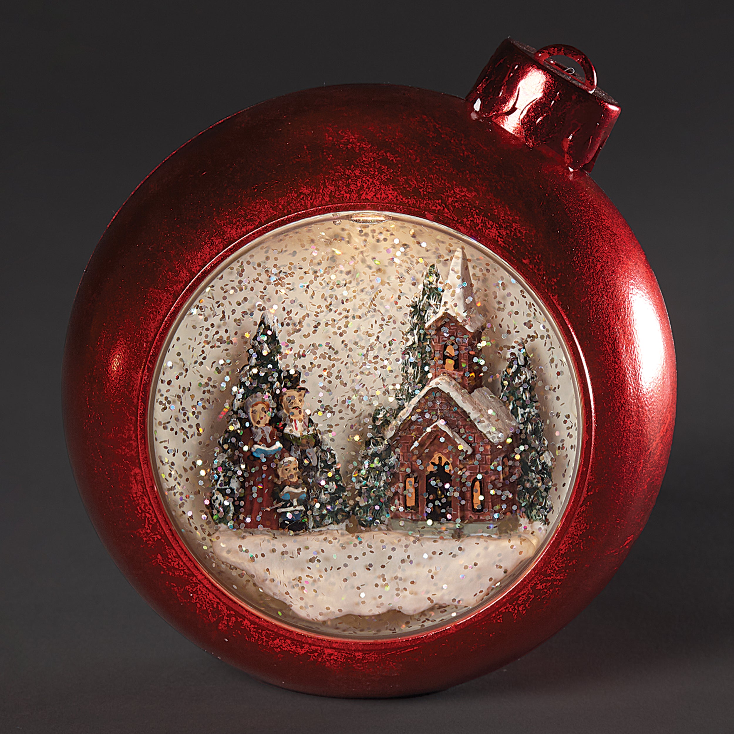 Confetti Lites Lighted Musical Red Ornament with Carolers & Church Scene