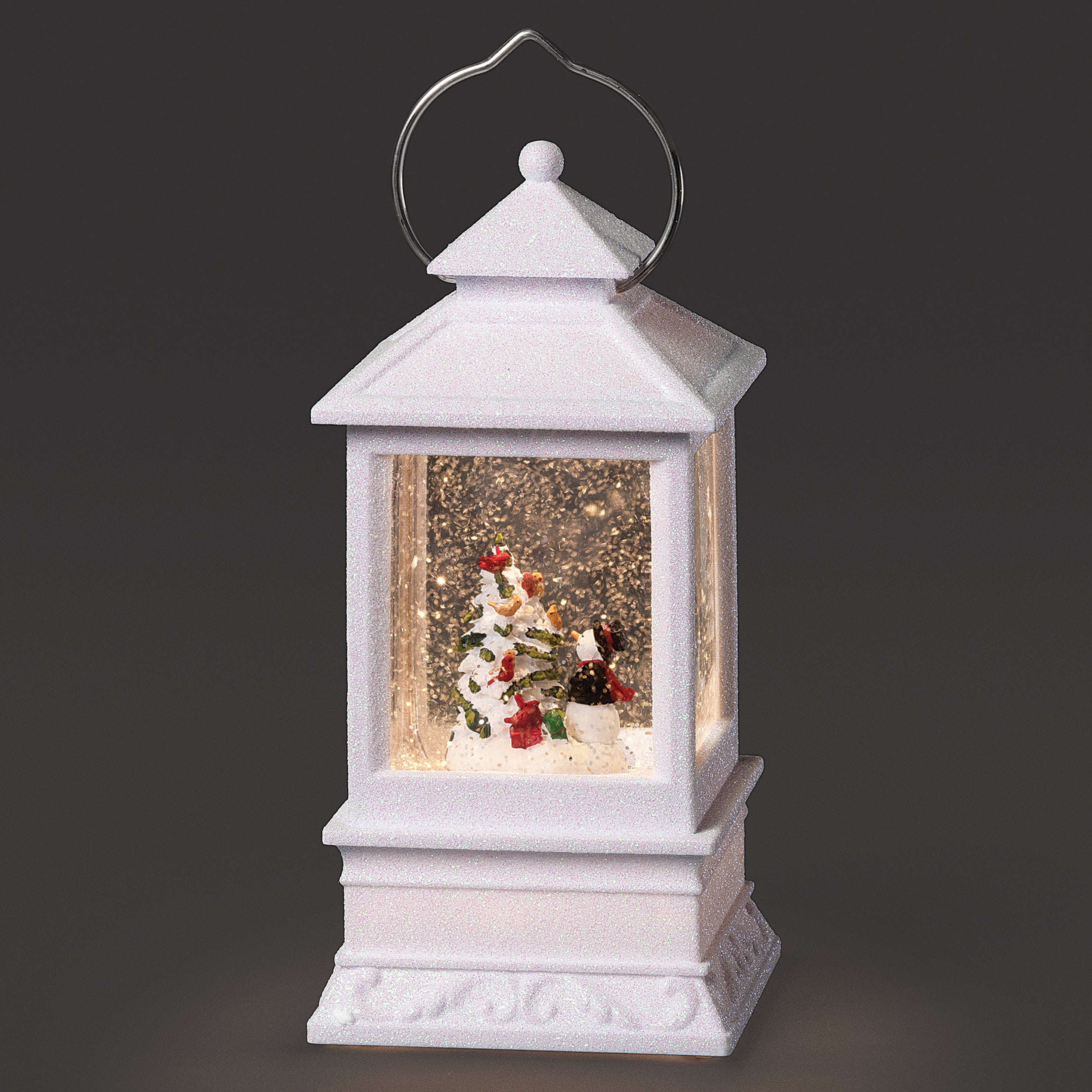 Confetti Lites Lighted Swirl Lantern with Snowman Decorating a Tree