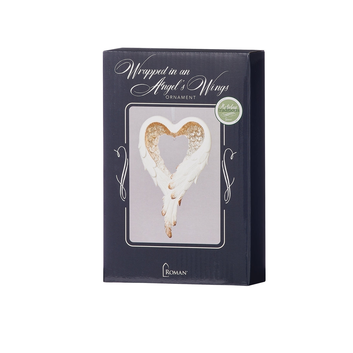 Wrapped in Angel’s Wing ornament displayed in a dark blue window gift box.