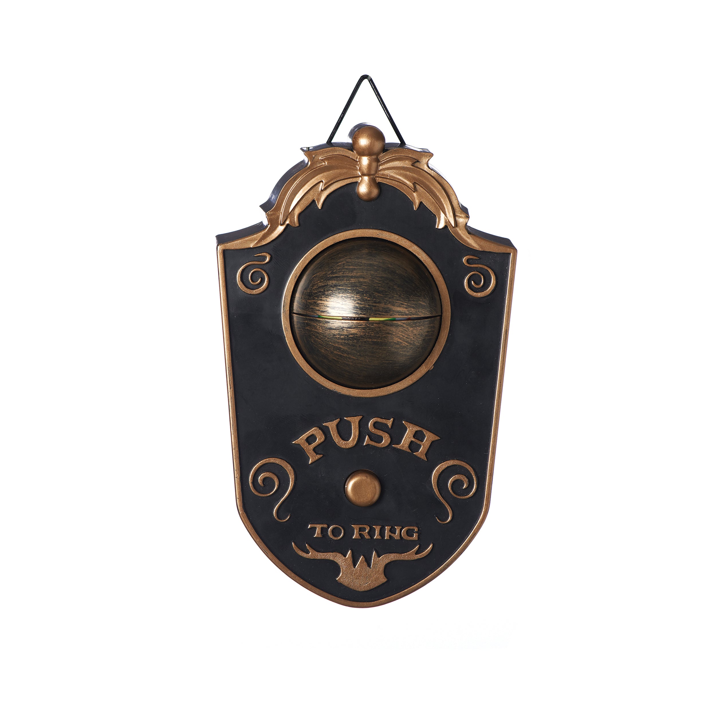 Decorative doorbell with closed eye design and 'Push to Ring' text on a white background