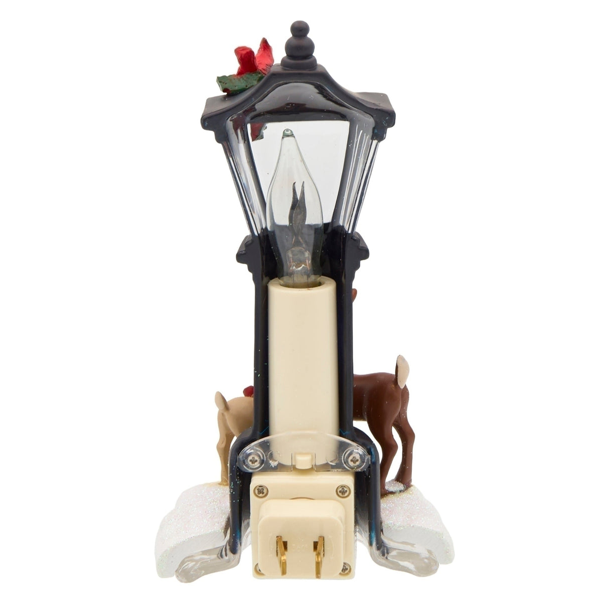 Rear view of Rudolph and Clarice lamppost night-light showing the back of the lantern and plug facing the camera.