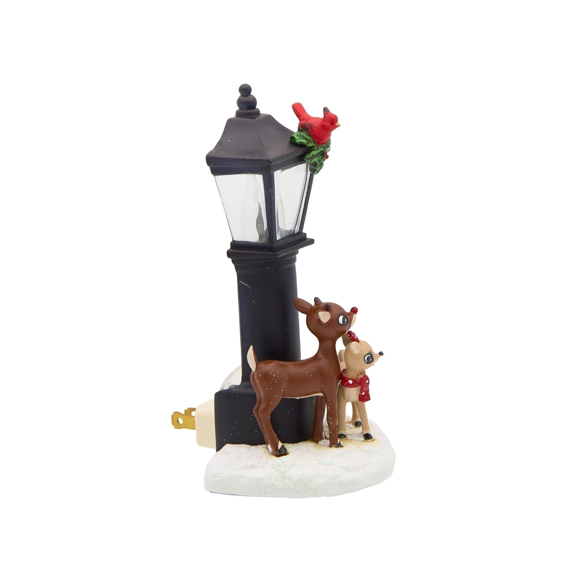 Side view of Rudolph and Clarice lamppost night-light showing the black lantern, snowy base, and extended plug prongs.