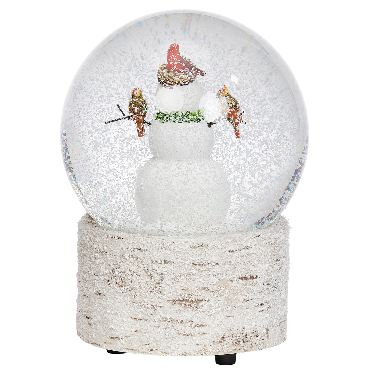 Side view of Glitterdome Musical Snowman with Cardinals showing the snowman, cardinal accents, and rounded glass globe