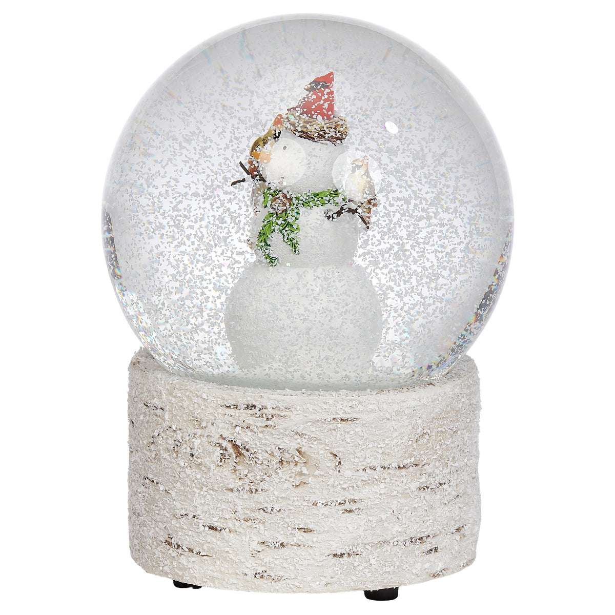 Front angled view of Glitterdome Musical Snowman with Cardinals showing the snowman, red cardinals, swirling glitter, and white tree-bark style base