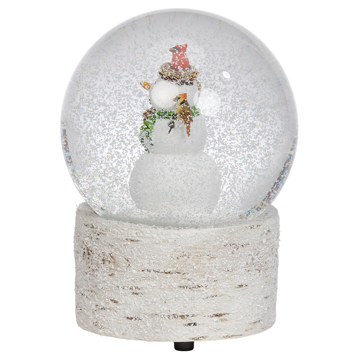 Front view of Glitterdome Musical Snowman with Cardinals showing the snowman centered inside the glass globe above the textured white base