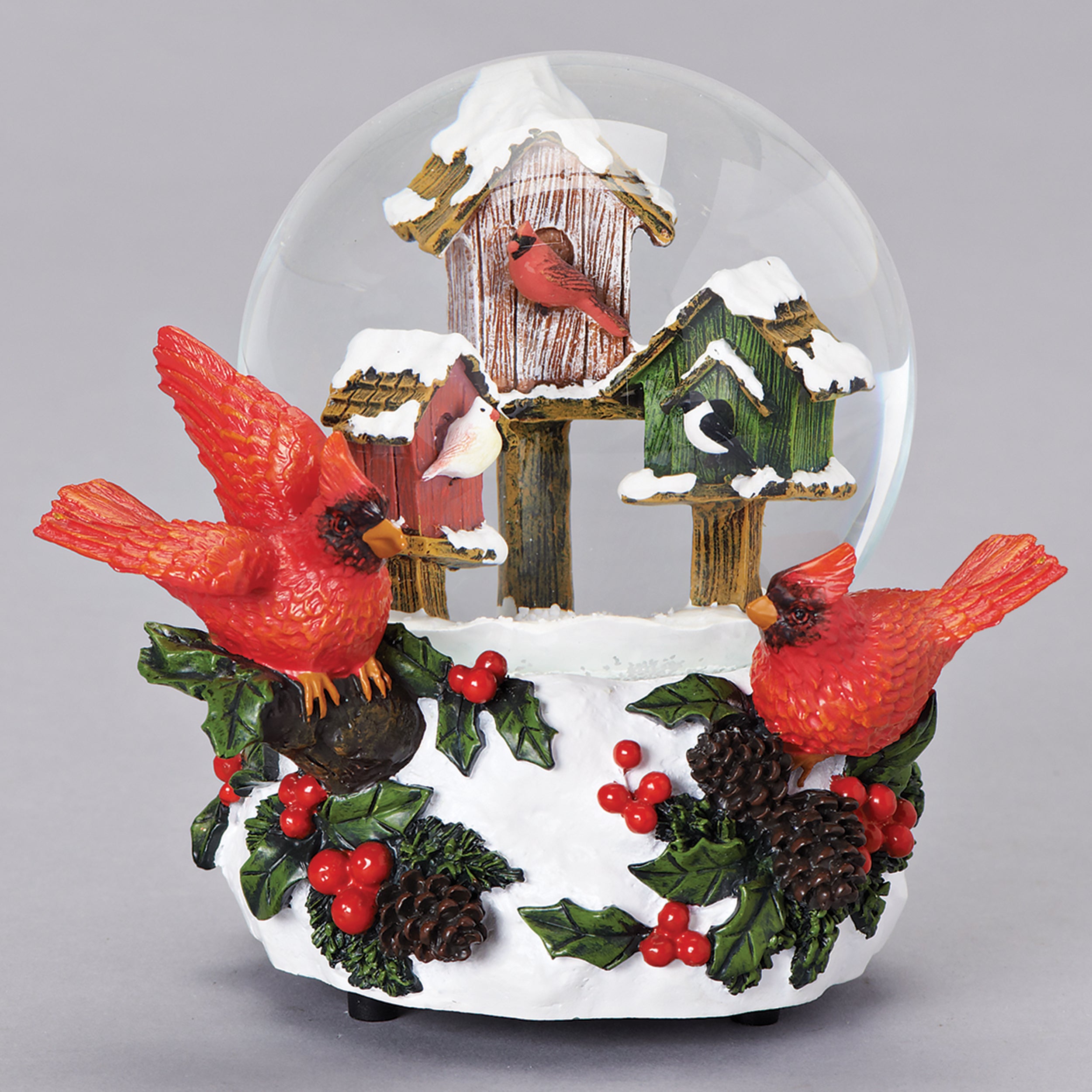 Glitterdome Musical Cardinals in Birdhouses & Holly – "We Wish You a Merry Christmas" Tune