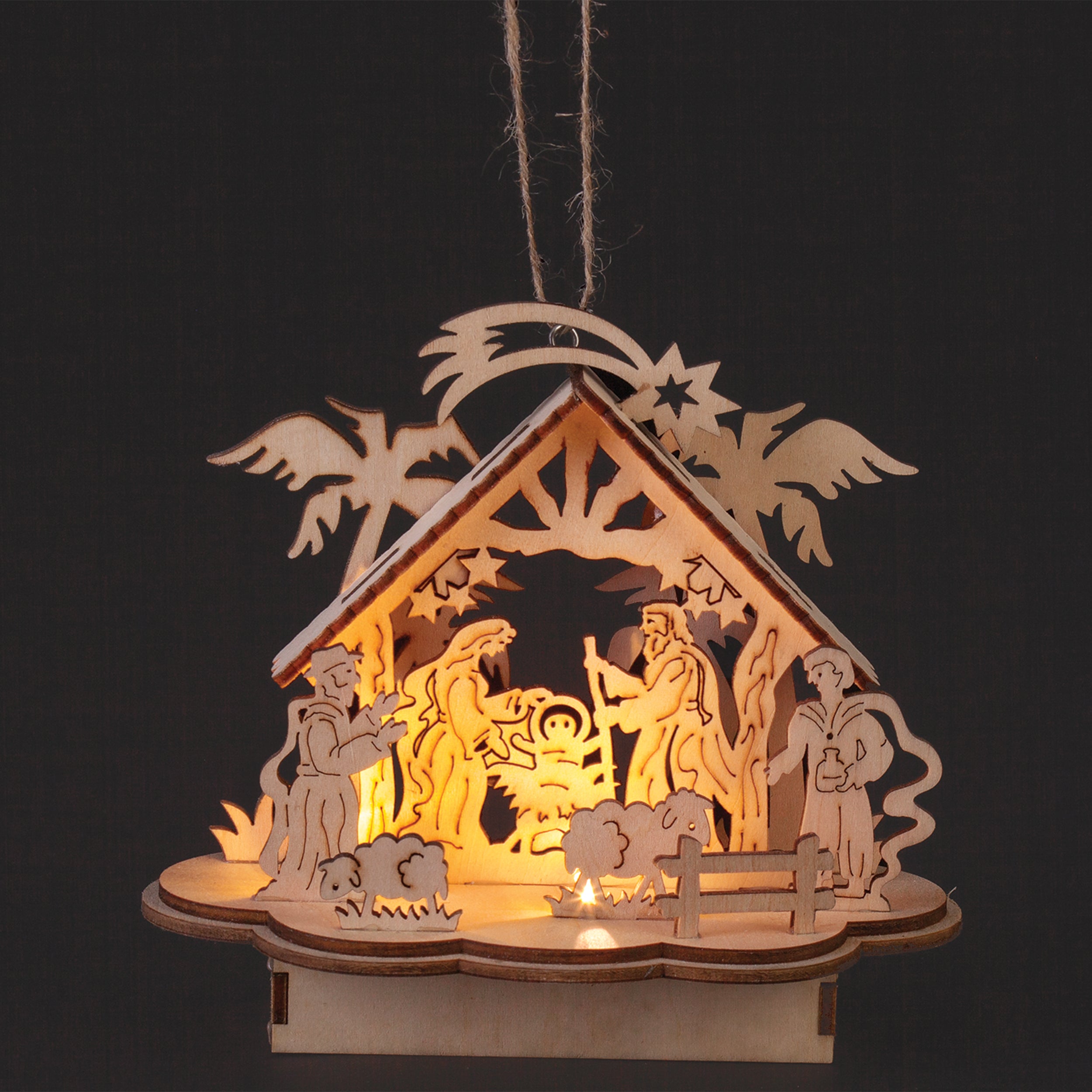 Lighted Nativity Stable Wooden Ornament