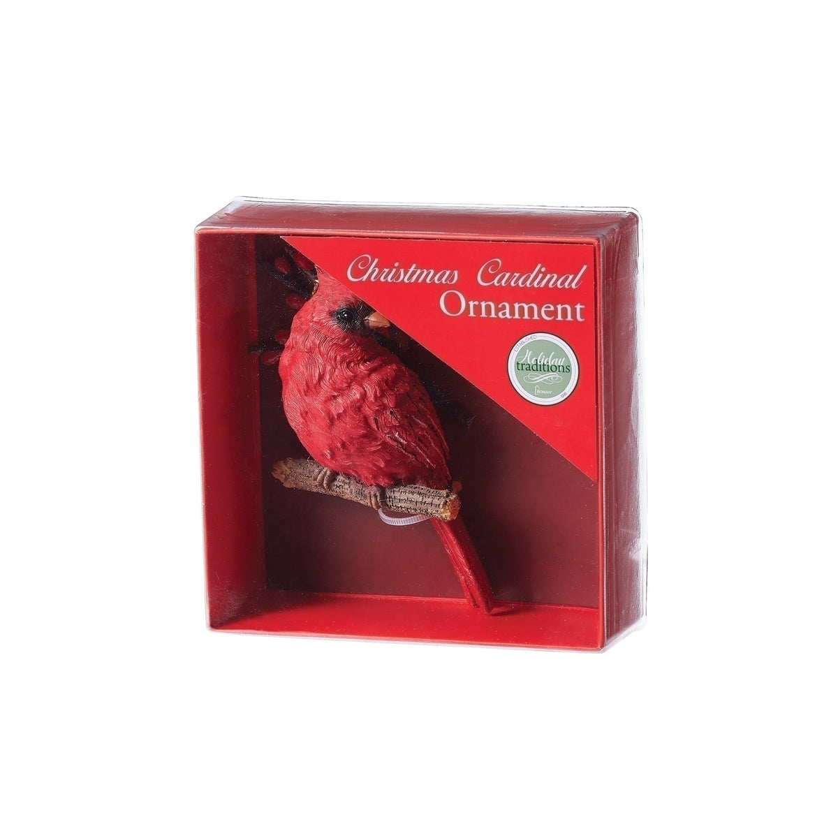 Christmas cardinal on branch ornament displayed in a red window gift box.