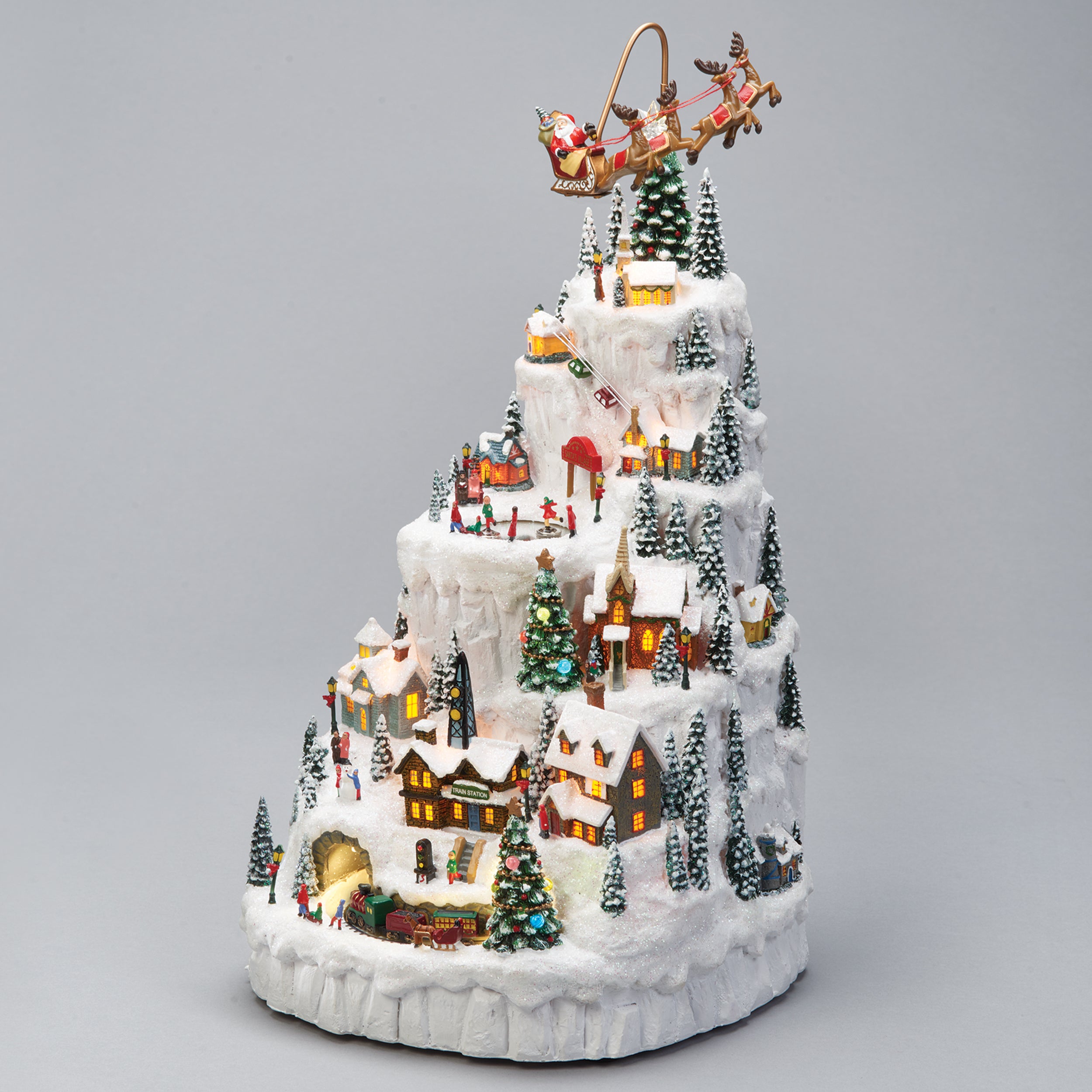 Amusements Snowy Mountain Village with Rotating Santa Sleigh Skaters & Train