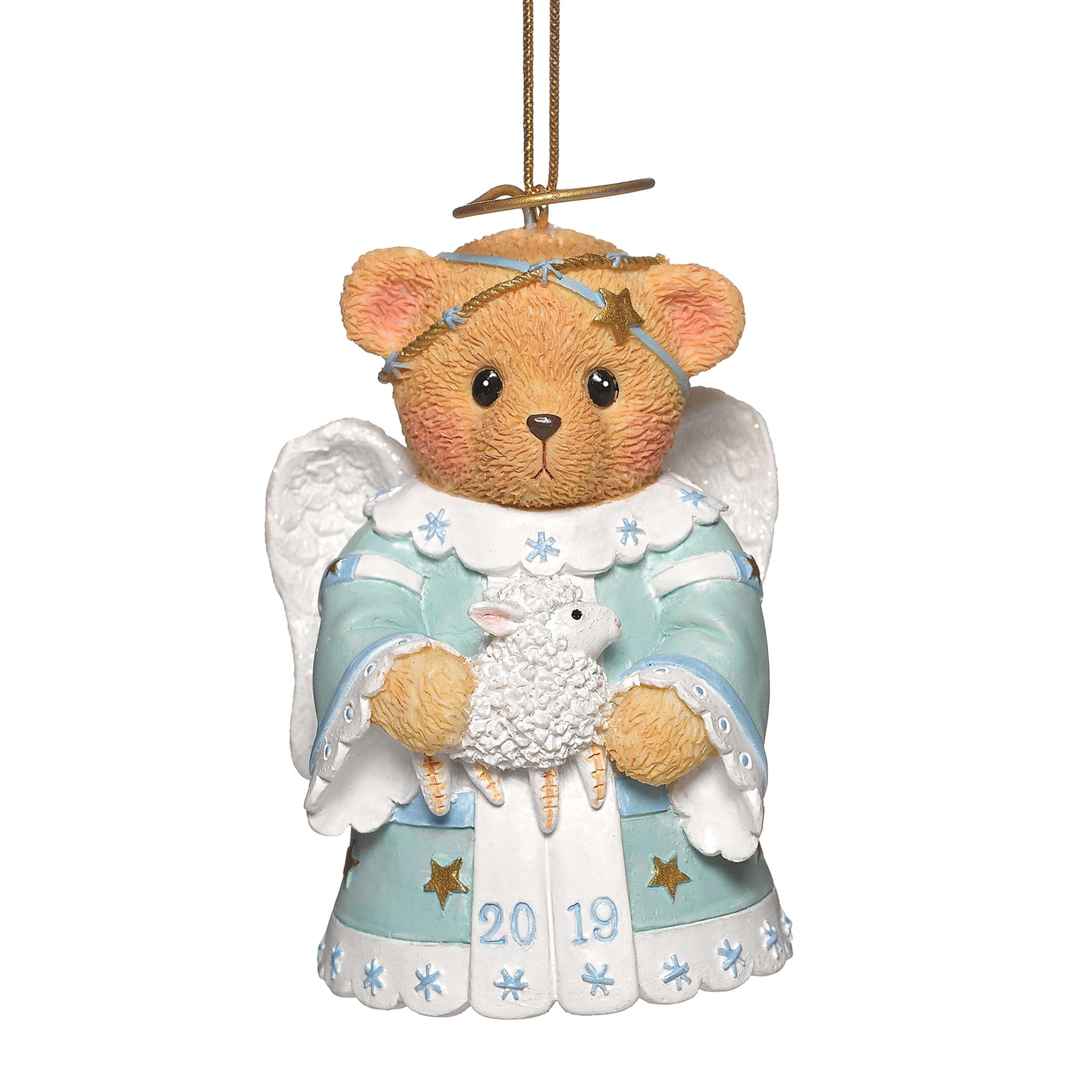 Decorative angel bear ornament with a lamb, star, and '2019' on a white background