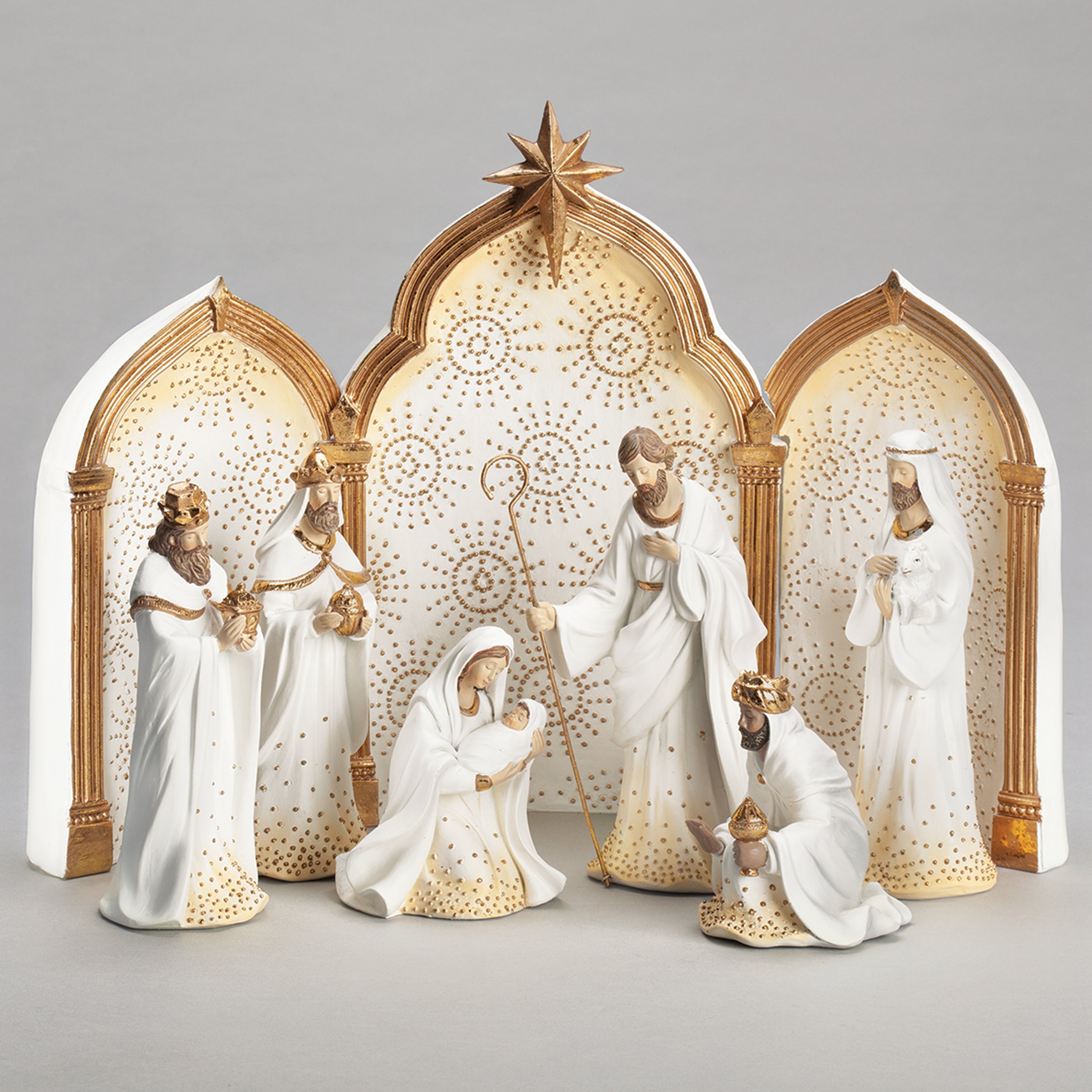 Nativity Dot Gold 3体セット ゴールドクリスマス人形 with Backdrop Triptych クリスマス
