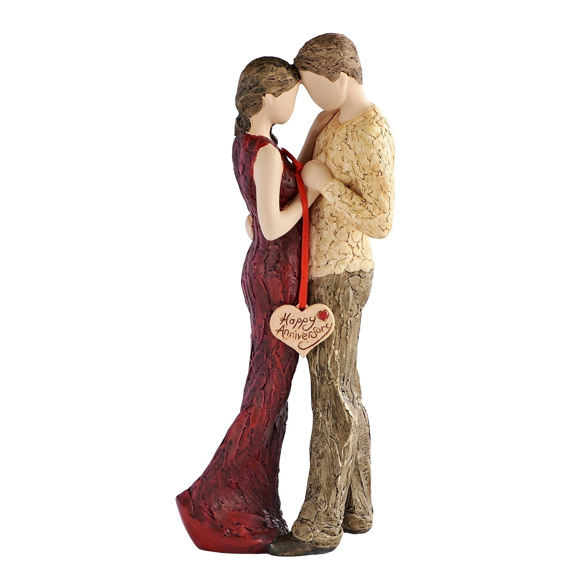 Happy Anniversary couple figure featuring a woman in a deep red gown and a man in neutral tones standing together with a heart-shaped anniversary ornament