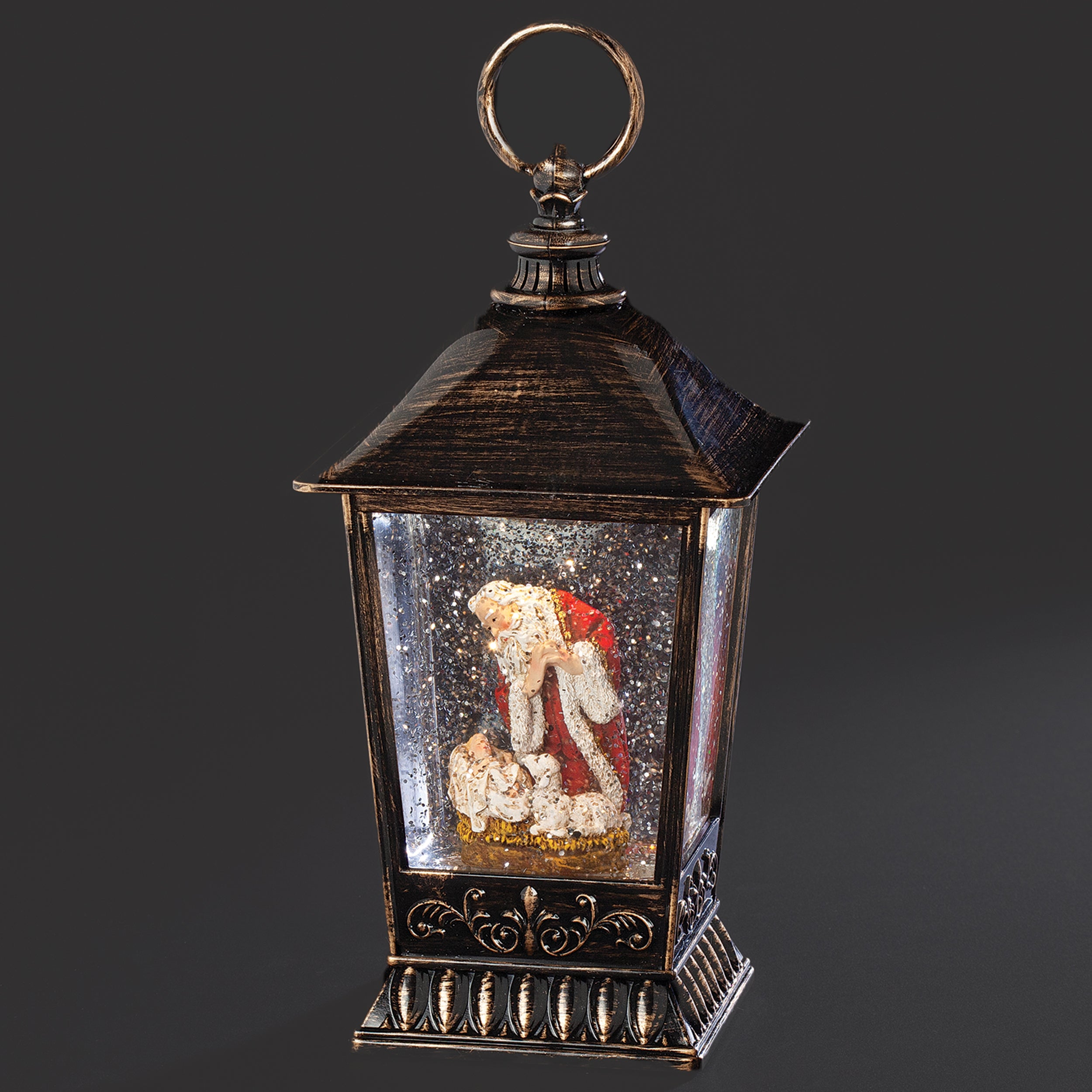 Kneeling Santa Lighted Swirl Bronze Lantern