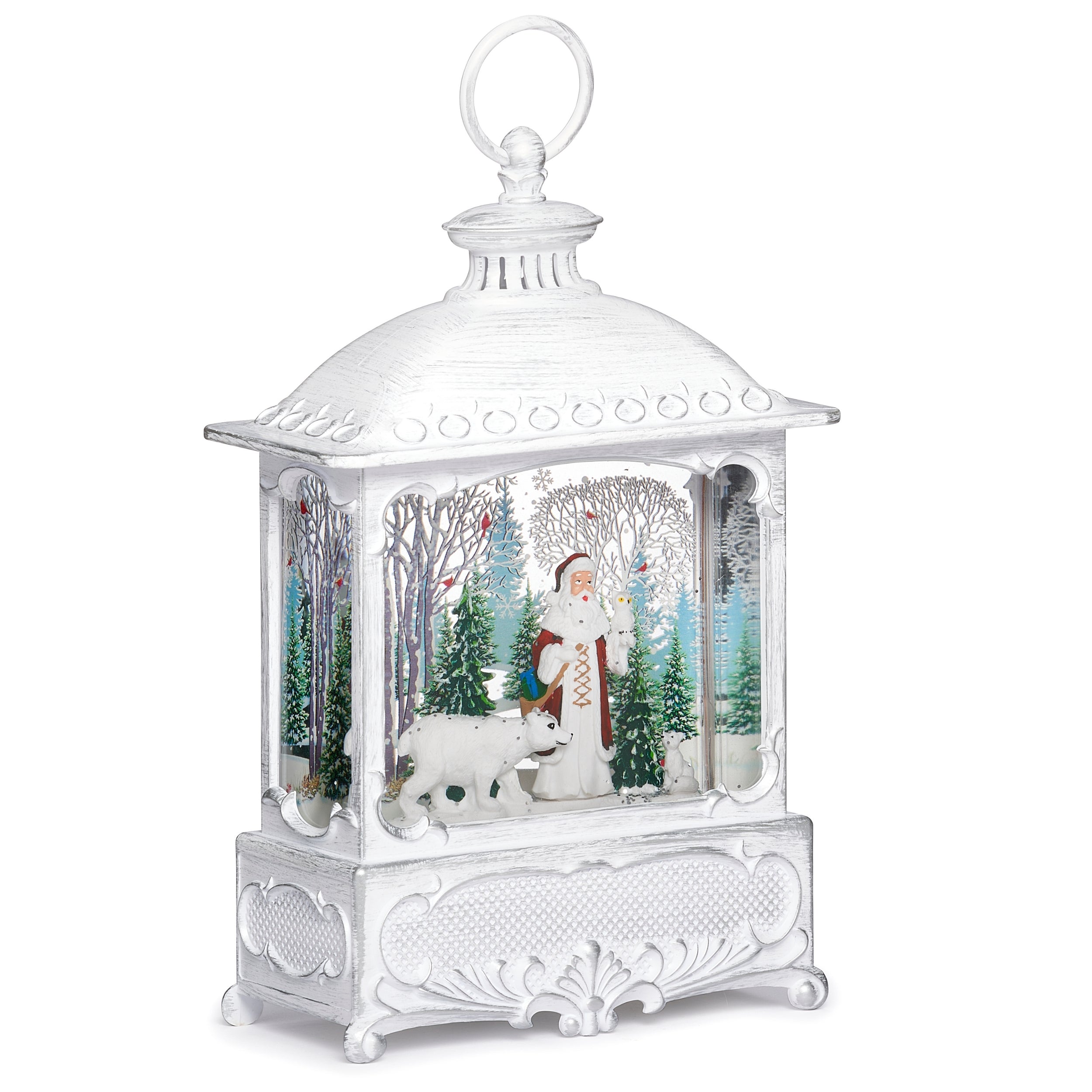 Decorative white lantern with a snow globe featuring a winter scene with Santa and a polar bear on a white background.
