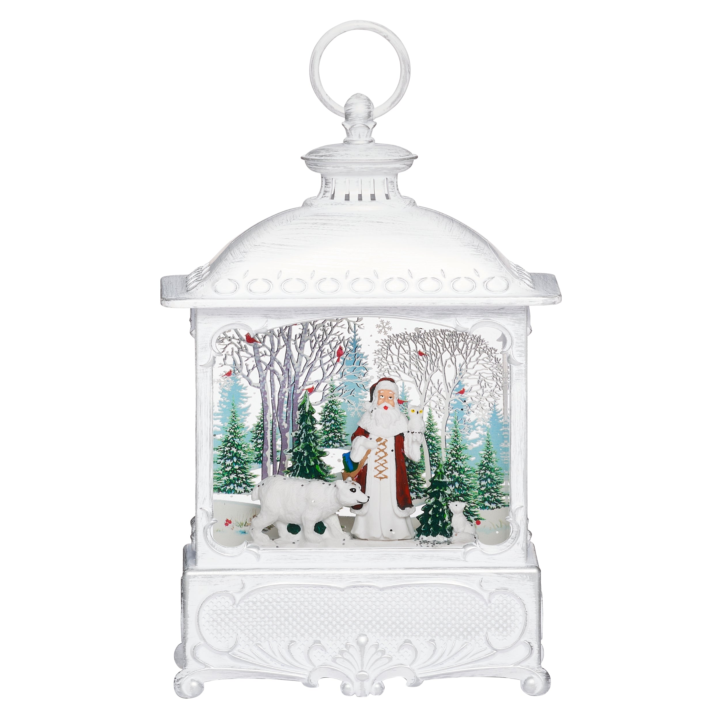 Decorative white lantern with a snow globe featuring a winter scene with Santa and a polar bear on a white background.