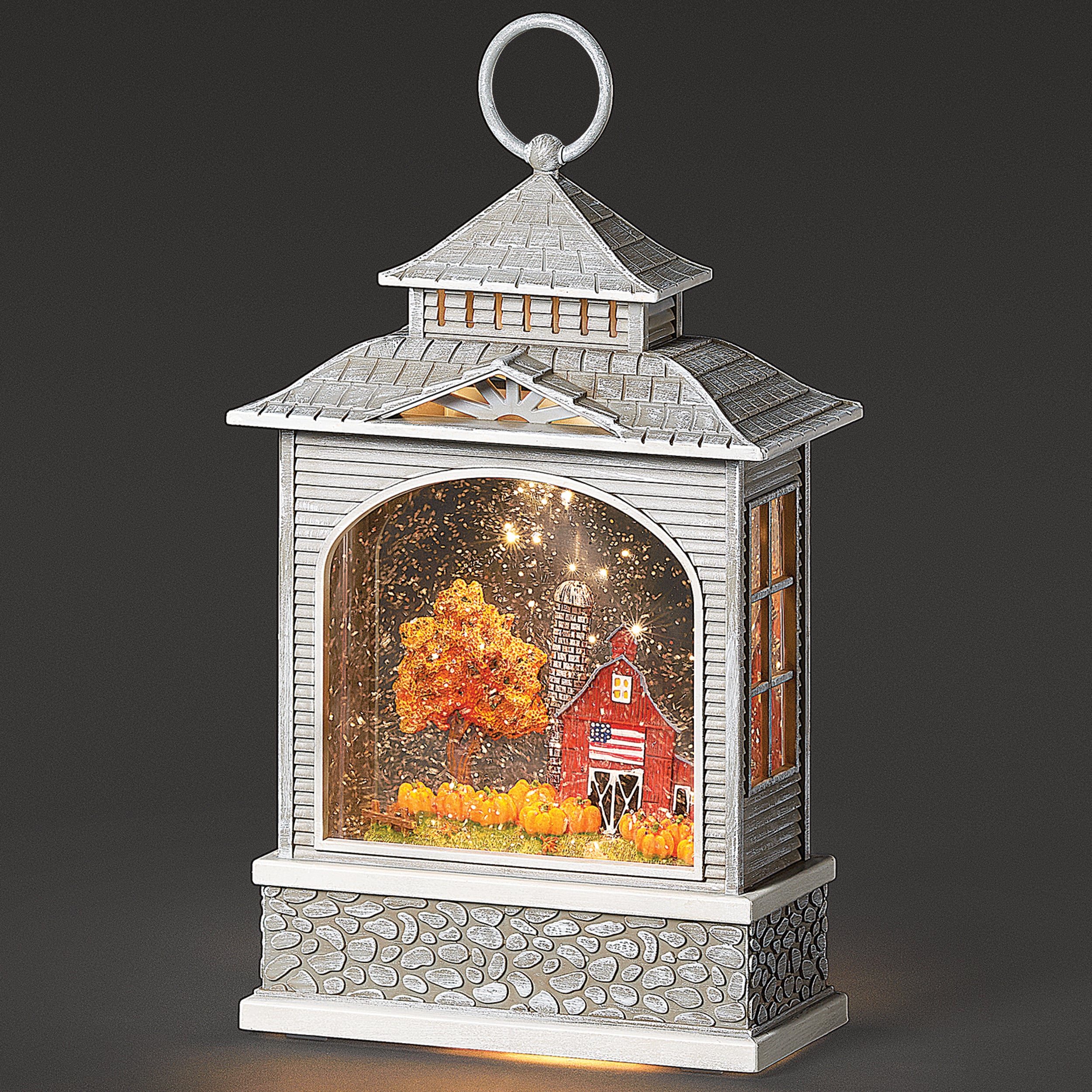 Glitterdome Lighted Swirl Silver Lantern with Autumn Farm