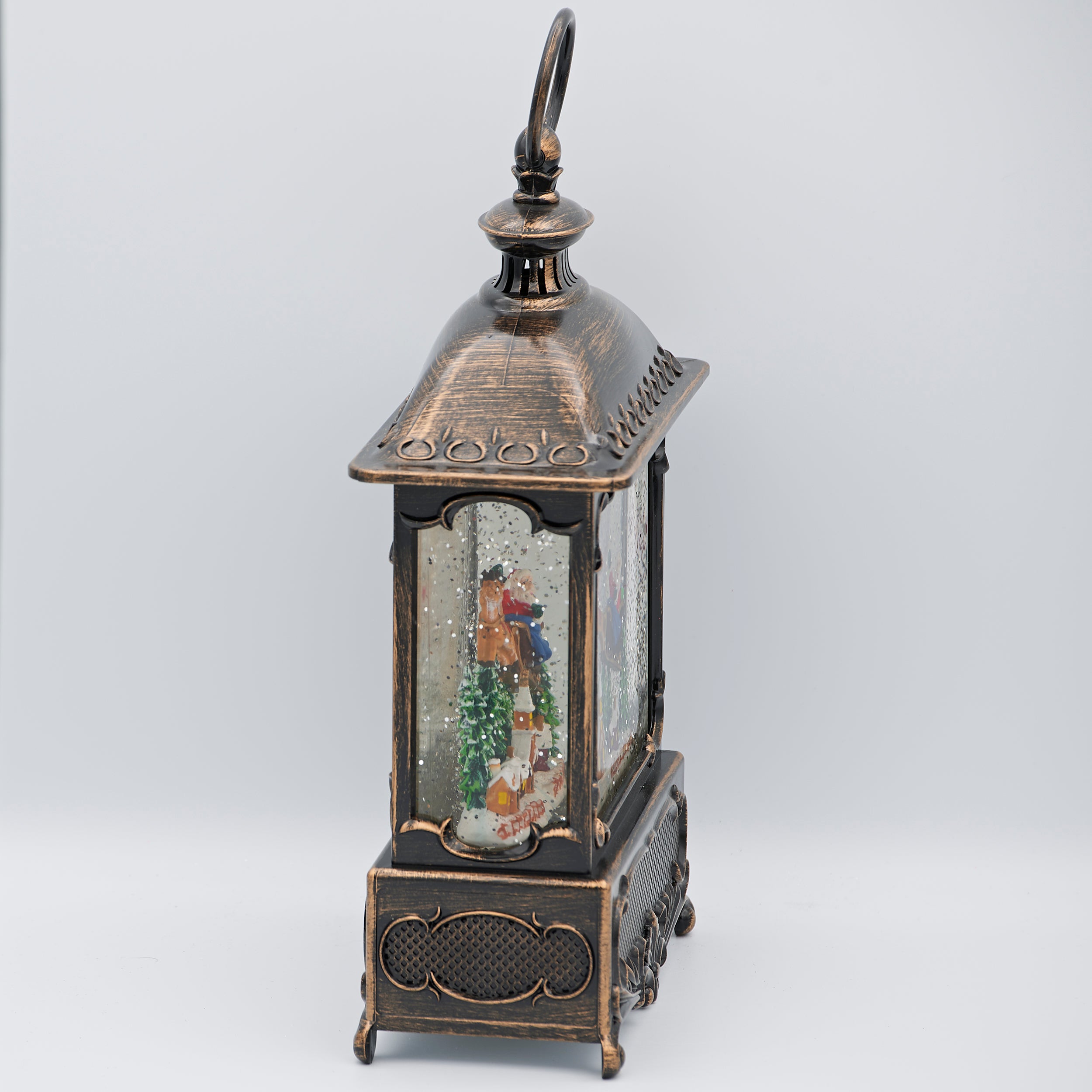 Confetti Lites Lighted Swirl Bronze Lantern with Santa Flying Over Town