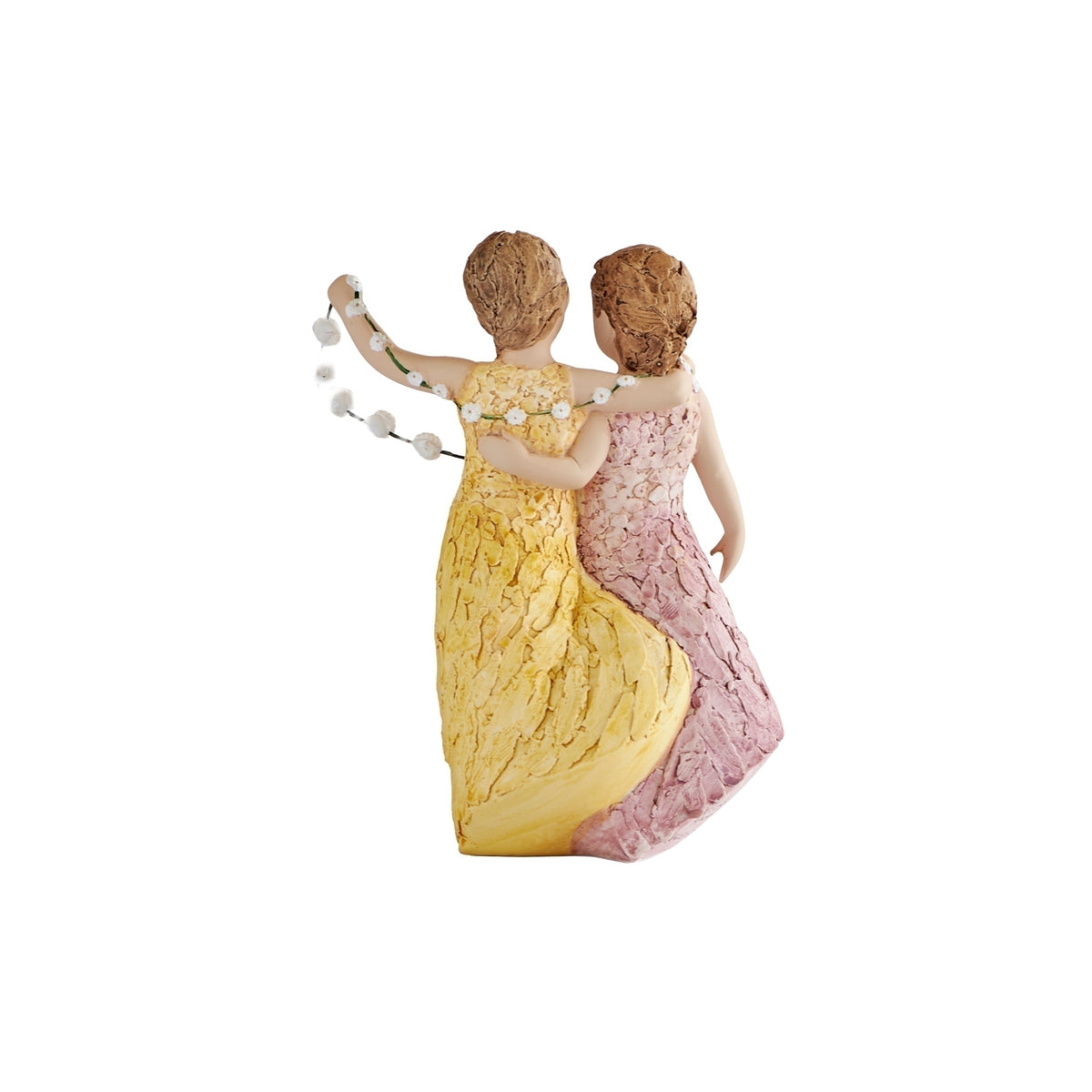 Back view of Friendship figure showing the two friends embracing with the decorative garland extended outward