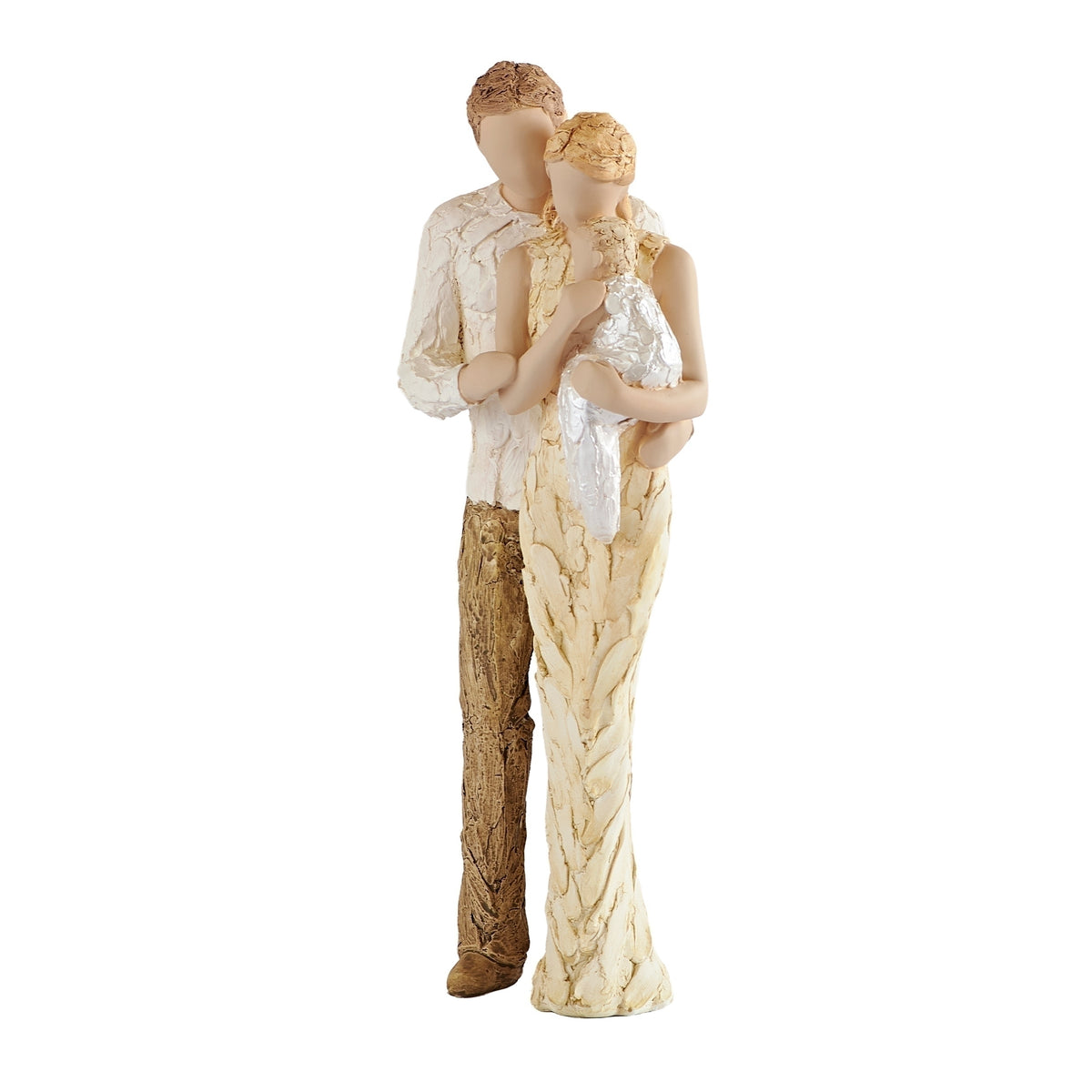 Front angled view of Welcomed With Love family figure showing the parents standing together with their baby